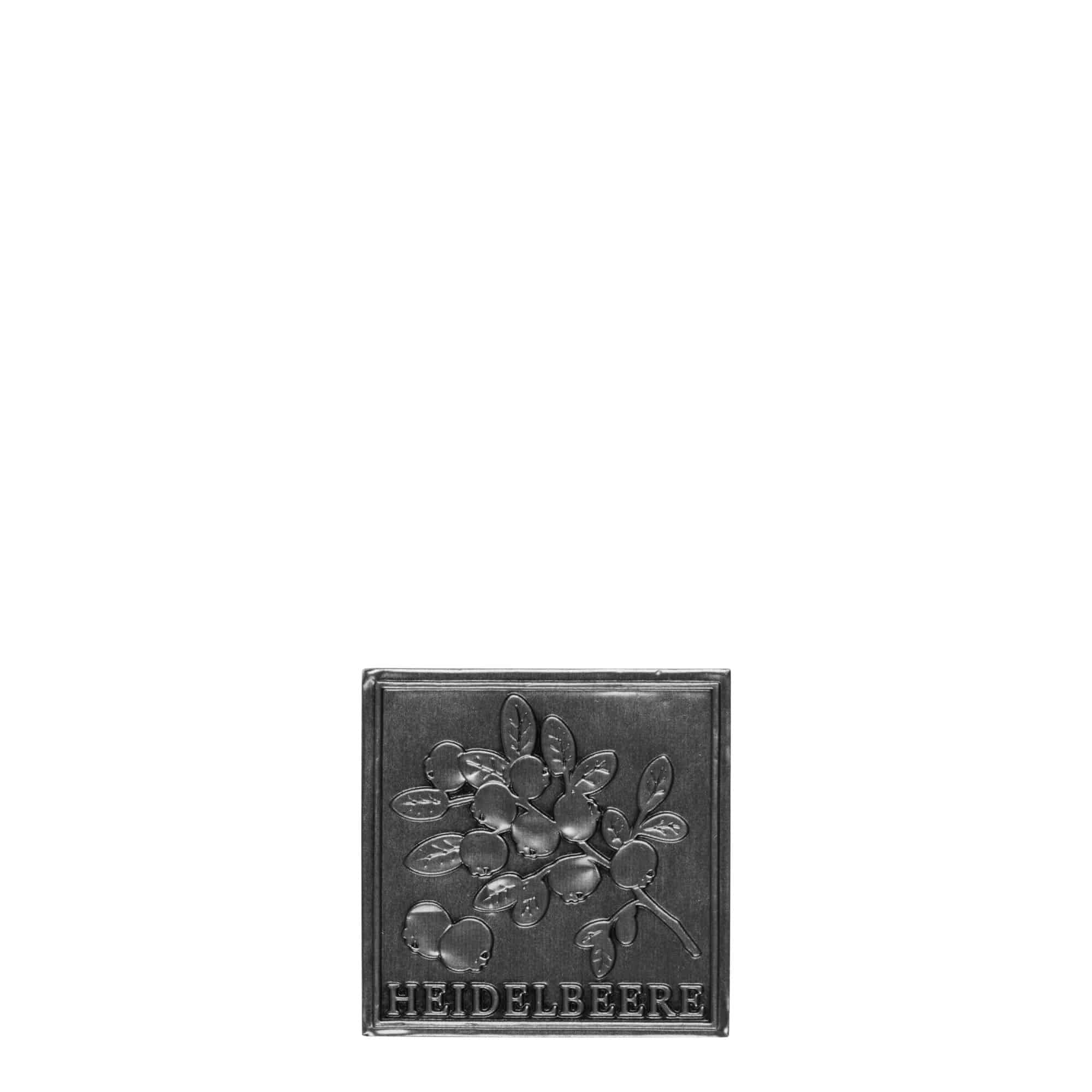 Tin label 'Blueberry', square, metal, silver