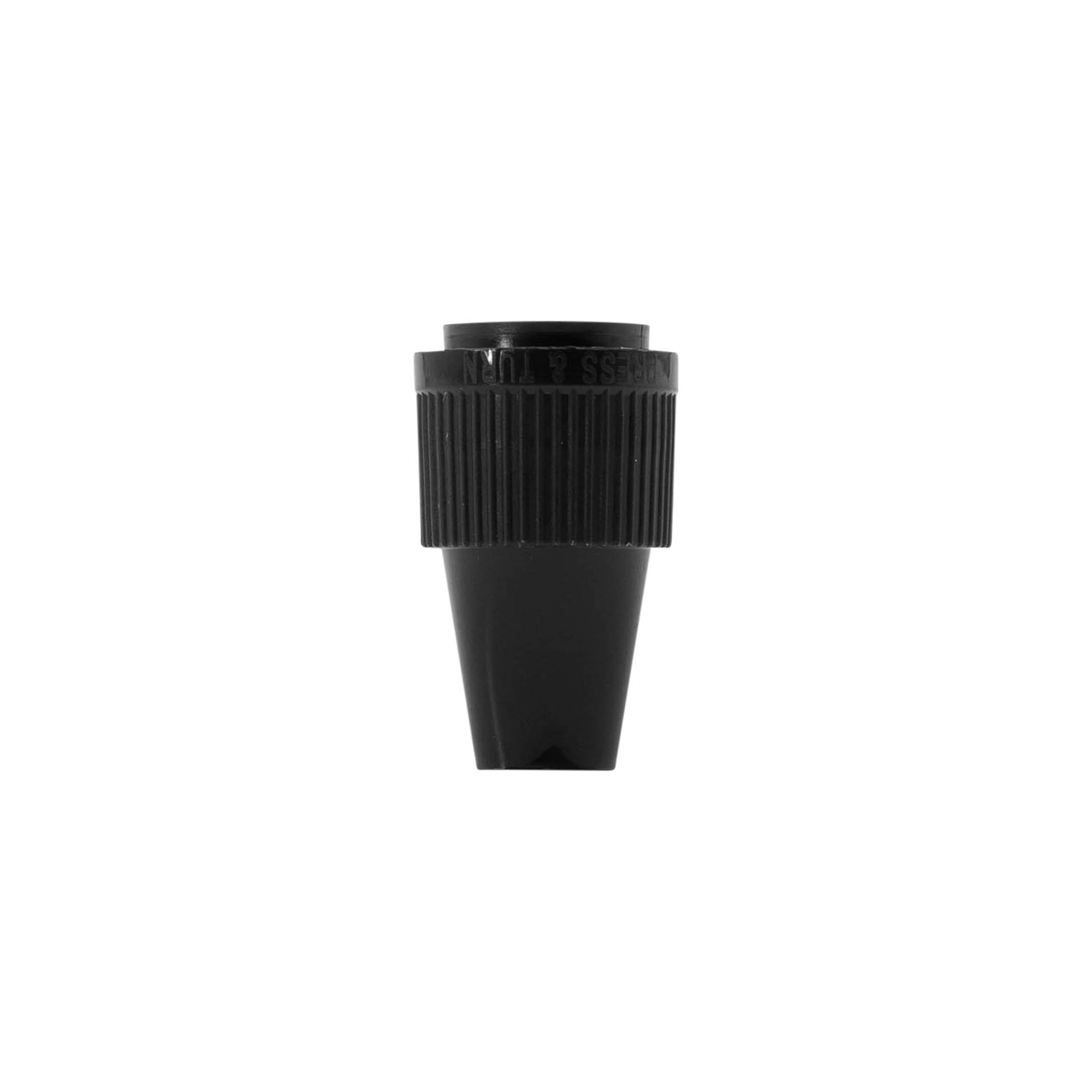 Screw cap with quality and child safety lock for ‘E-Liquid’, PP plastic, black