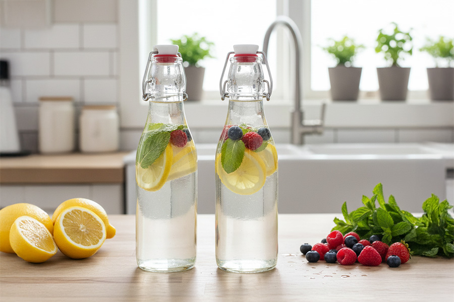 Infused water: fruity lemon and mint water Infused water: fruity lemon and mint water