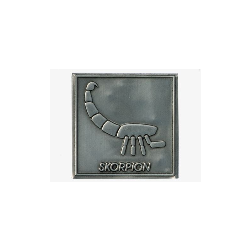 Tin label 'Scorpion', square, metal, silver Tin label 'Scorpion', square, metal, silver