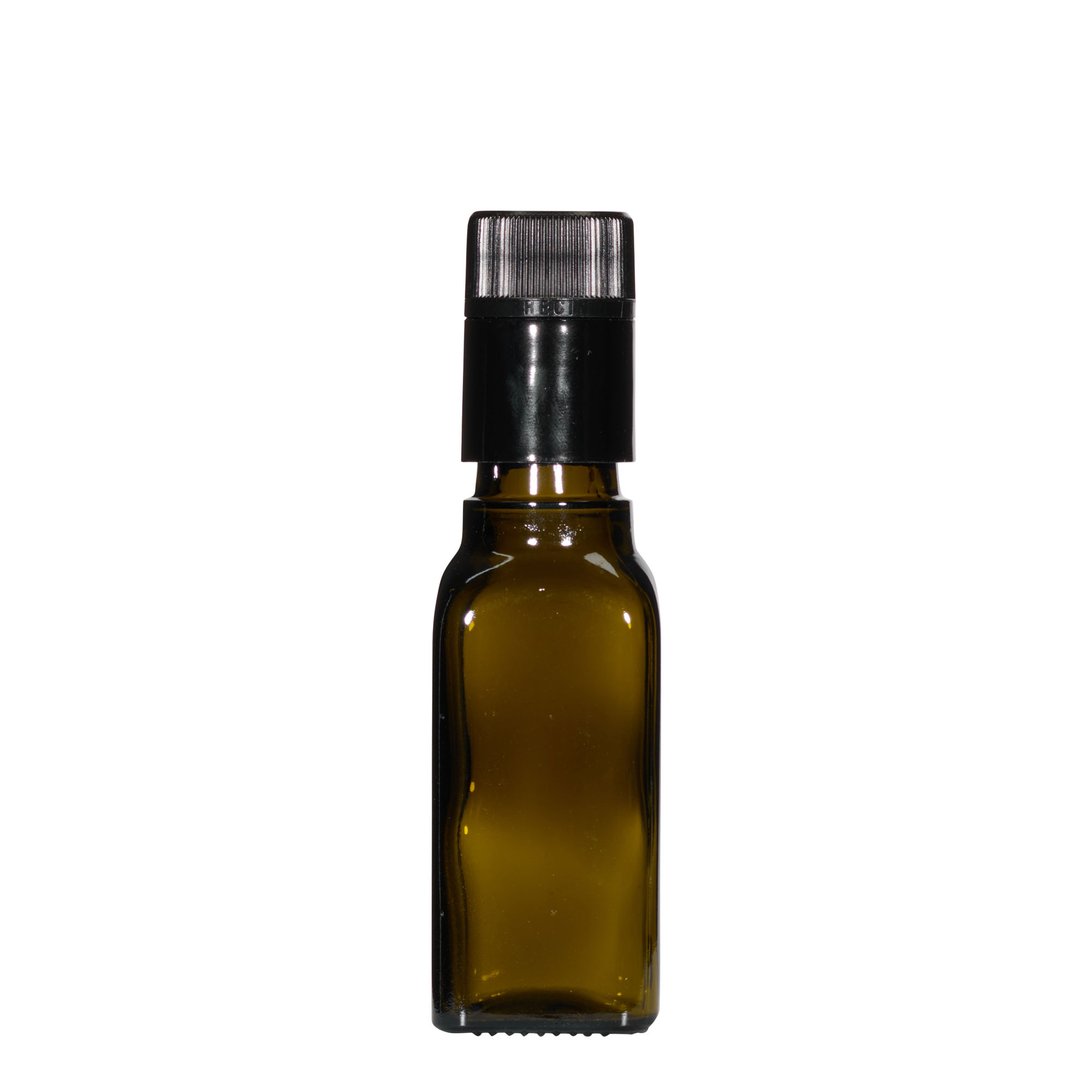 100 ml vinegar/oil bottle 'Quadra', glass, square, antique green, opening: DOP 100 ml vinegar/oil bottle 'Quadra', glass, square, antique green, opening: DOP