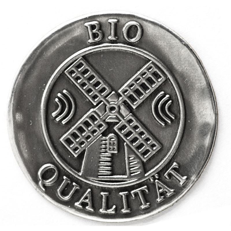 Tin label 'Organic Quality', round, metal, silver Tin label 'Organic Quality', round, metal, silver