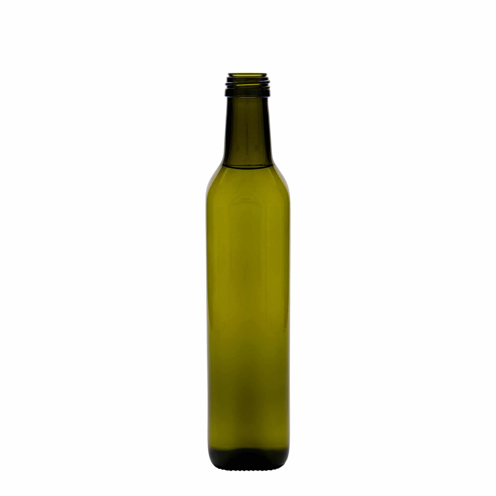500 ml glass bottle ‘Marasca’, square, antique green, opening: PP 31.5