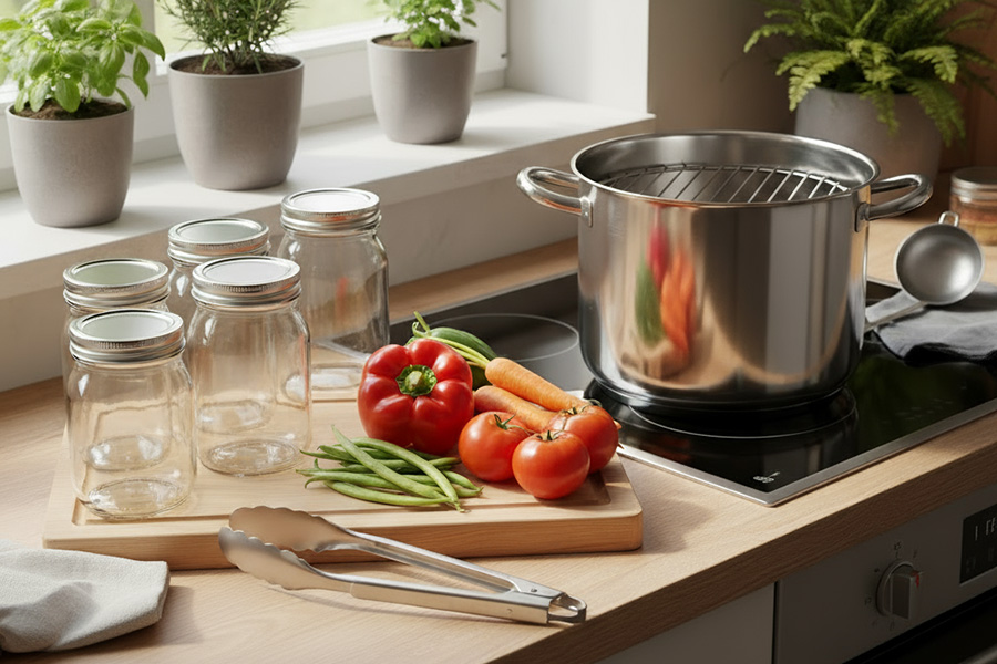 botulism Person holds a jar of pickled vegetables in his left hand and points to the contents with his right index finger