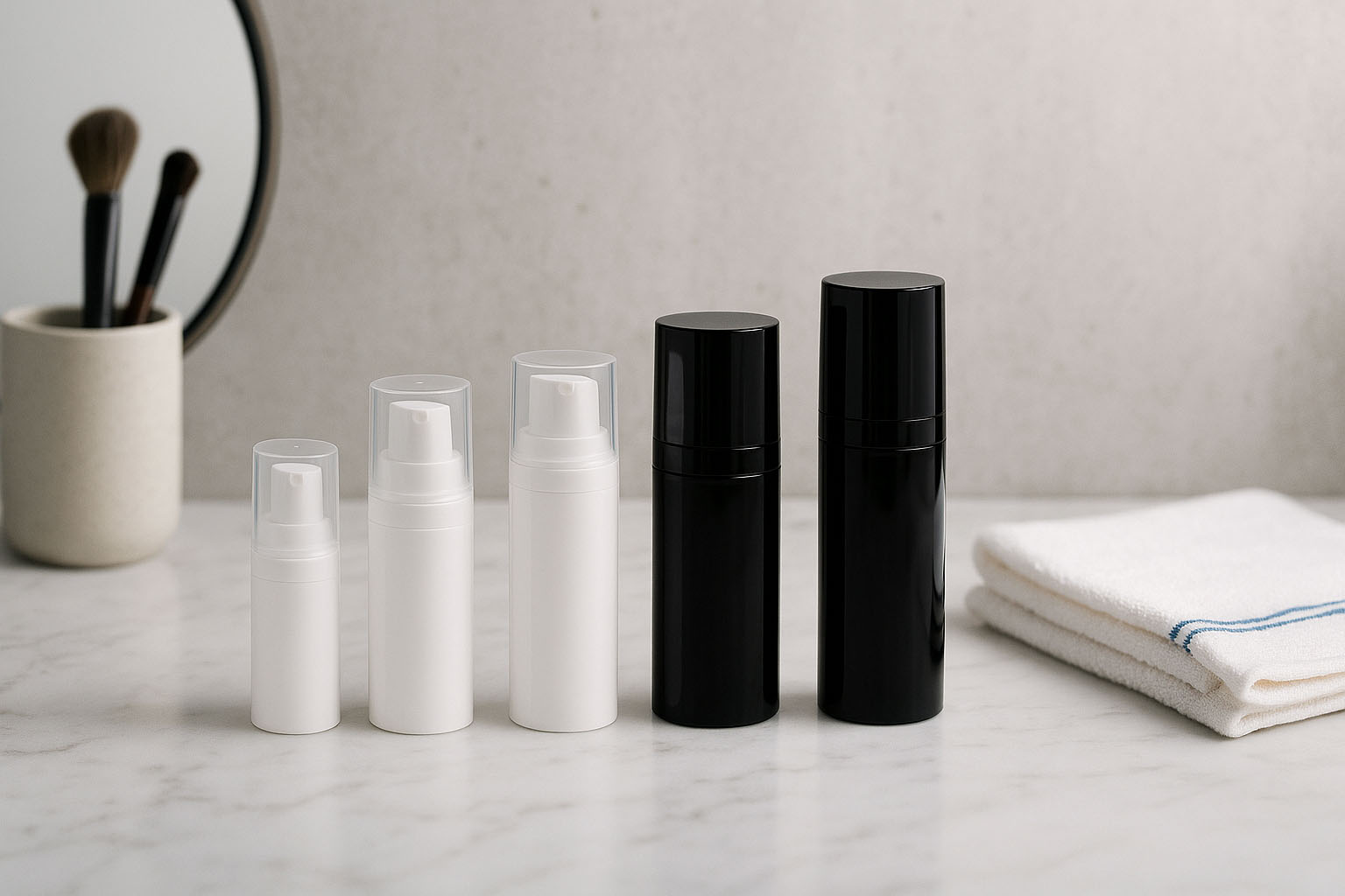 Airless head micro silver edge + white, glossy plug cap Airless head micro silver edge + white, glossy plug cap