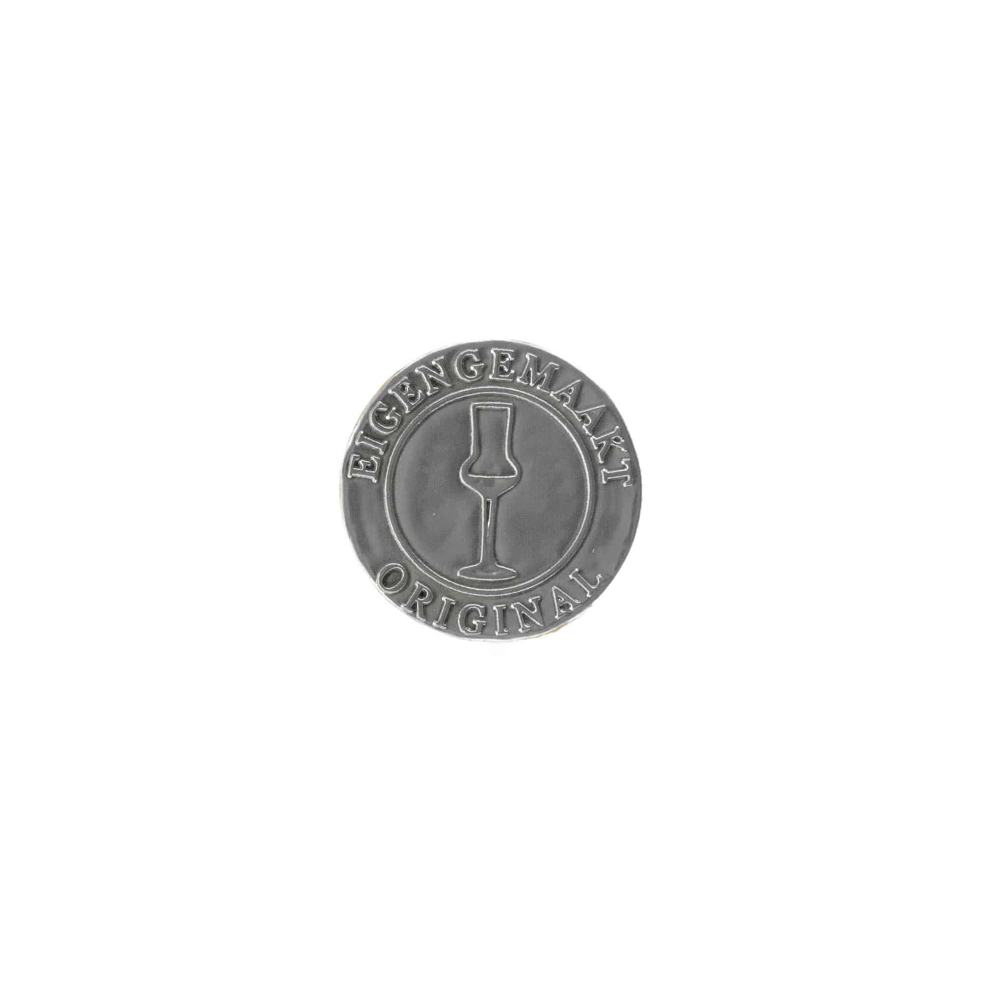 Tin label 'Eigengemaakt', round, metal, silver