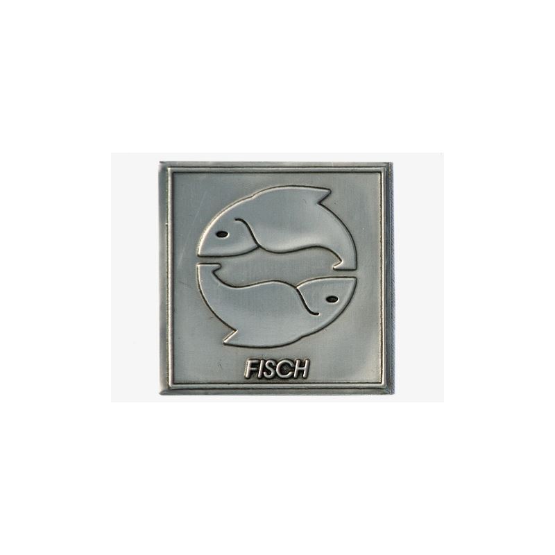 Tin label 'Fish', square, metal, silver Tin label 'Fish', square, metal, silver