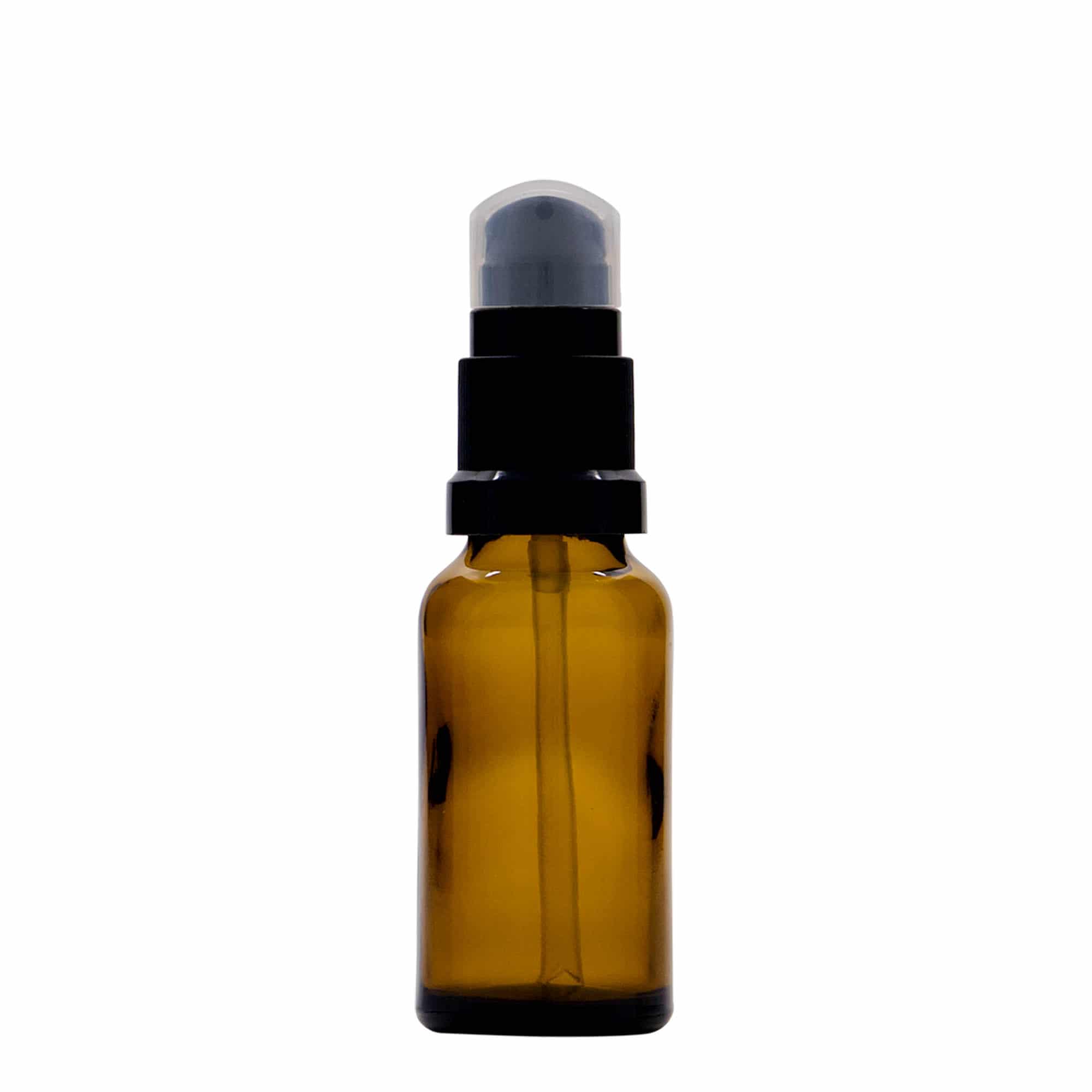 20 ml medicine bottle with lotion pump, glass, brown, opening: DIN 18