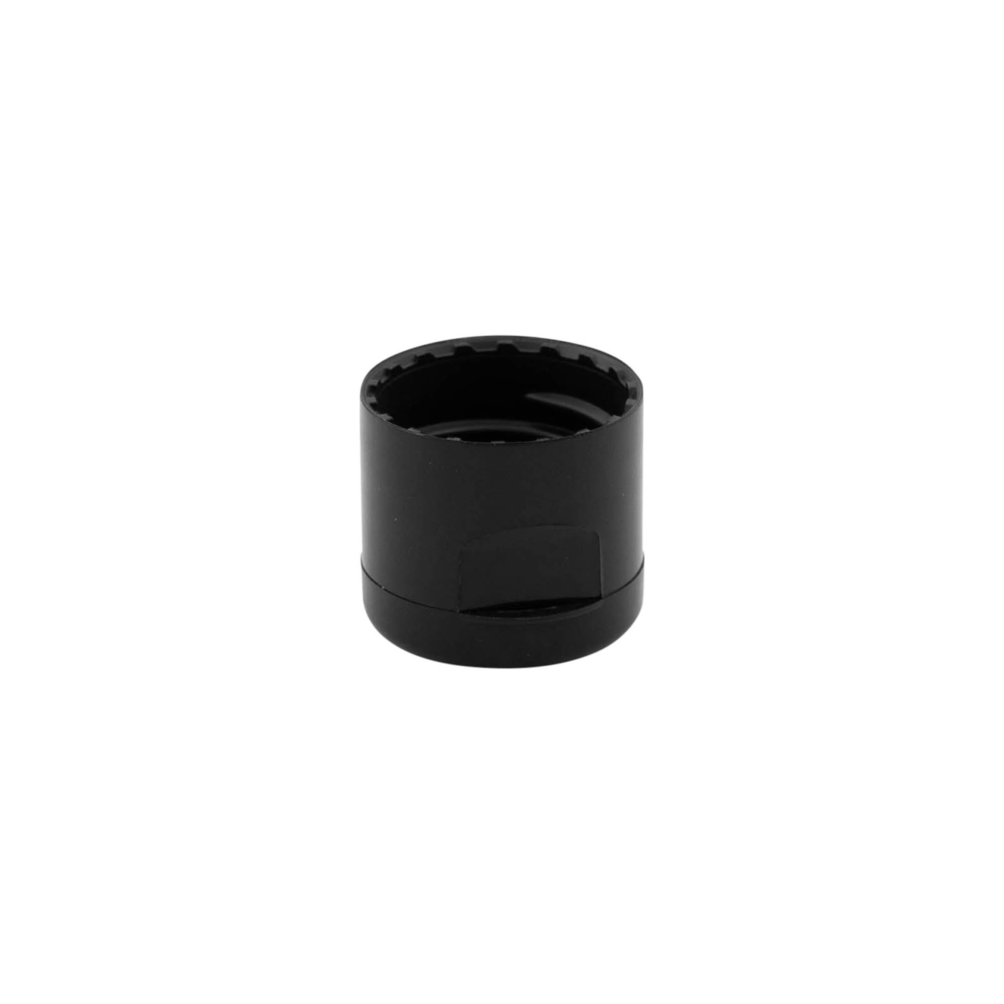 Screw cap with hinged flap, PP plastic, black, for opening: 20/410