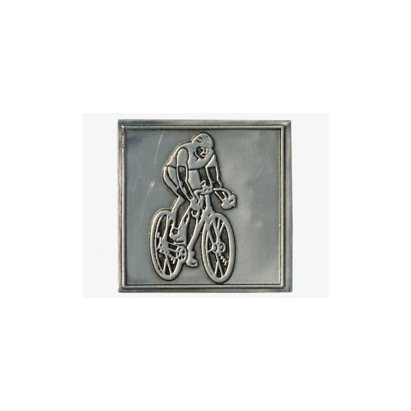 Pewter tag 'Cyclist', square, metal, silver