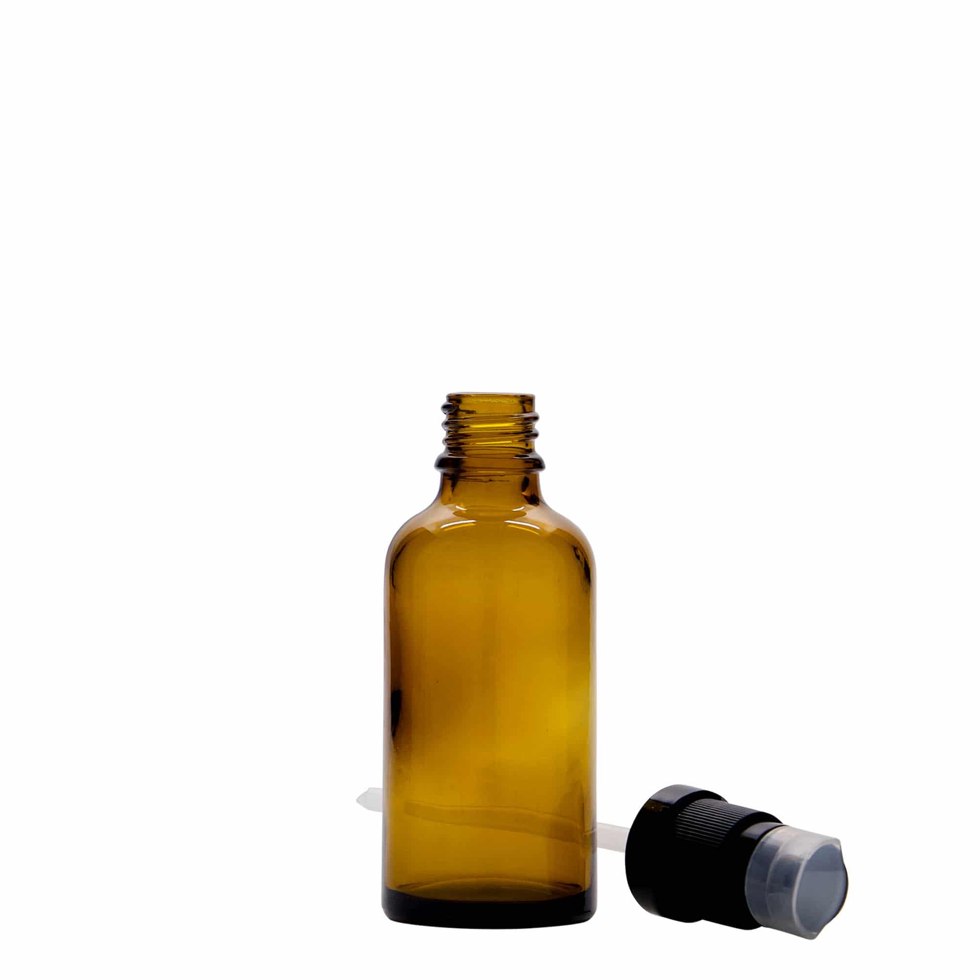 50 ml medical bottle with lotion pump, glass, brown, opening: DIN 18