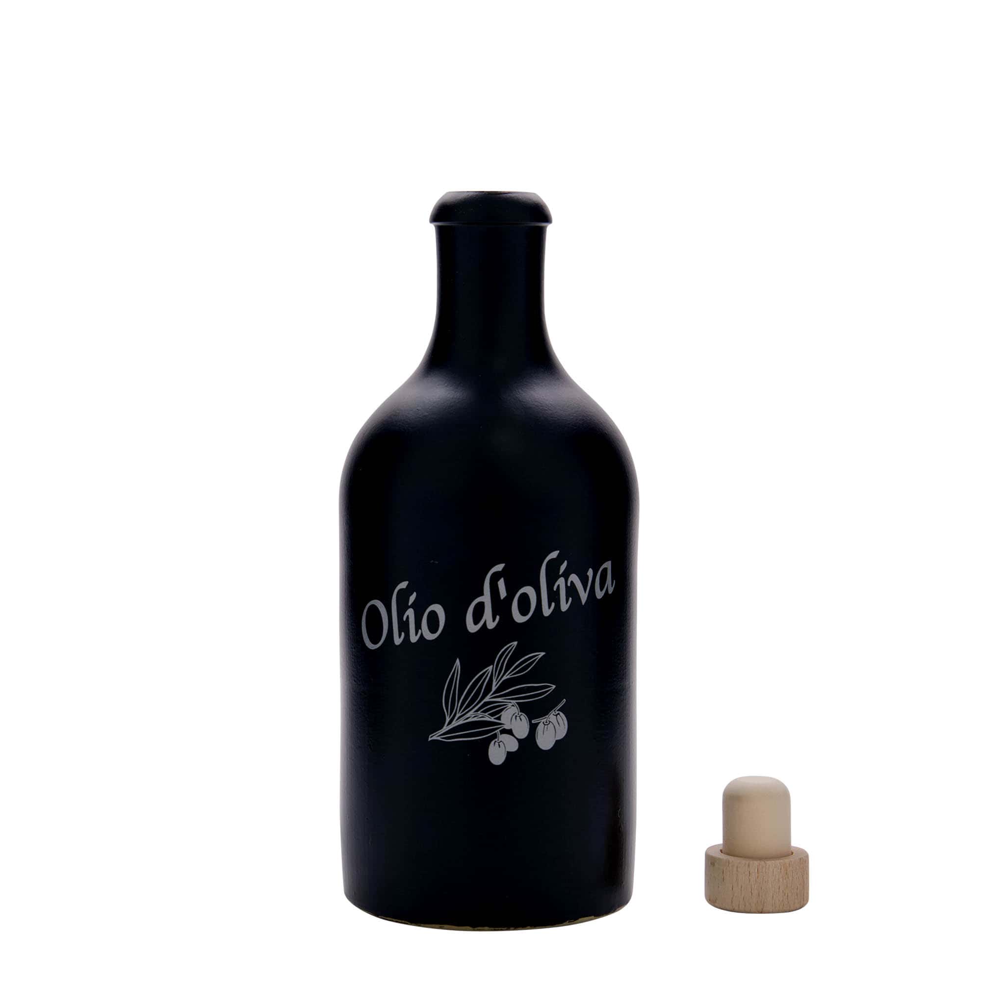 500 ml earthen jug, print: Olio d'Oliva, stoneware, black, closure: cork