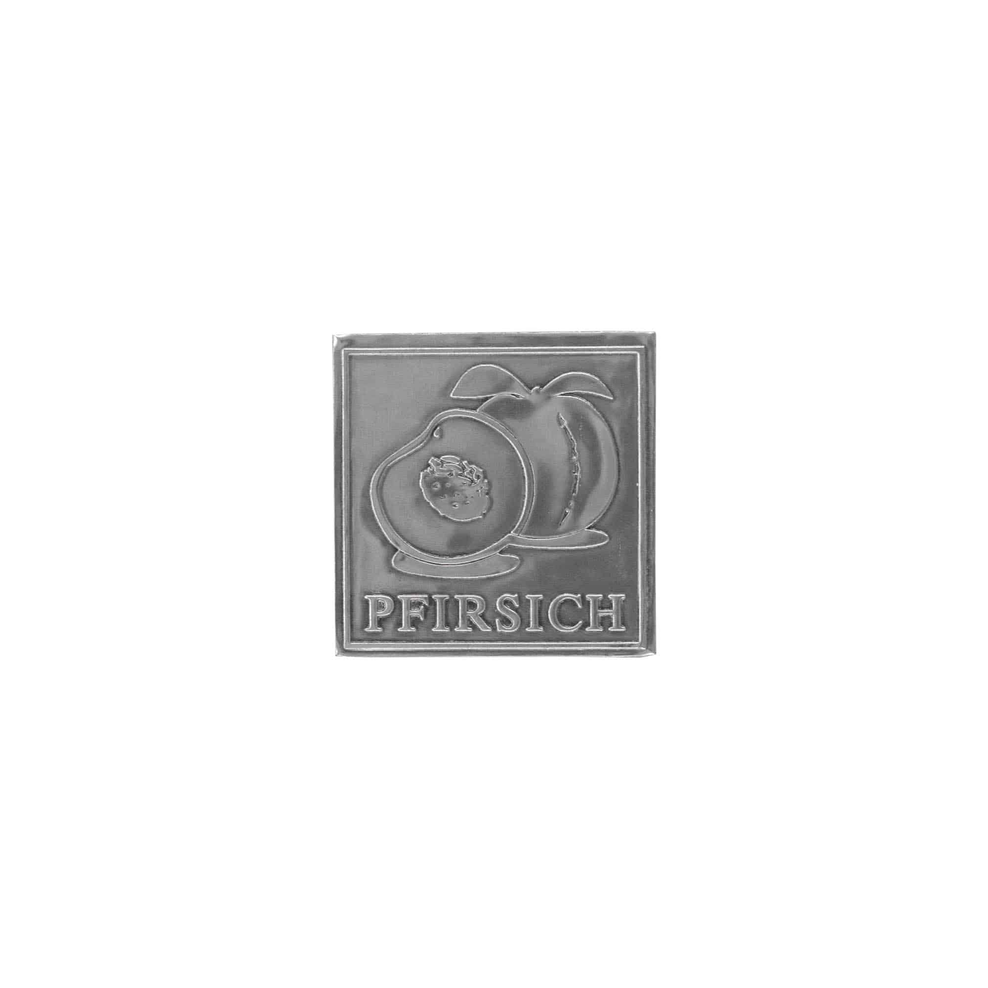 Tin label ‘Peach’, square, metal, silver