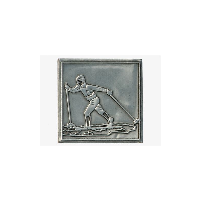 Tin label 'Cross-country skier', square, metal, silver Tin label 'Cross-country skier', square, metal, silver