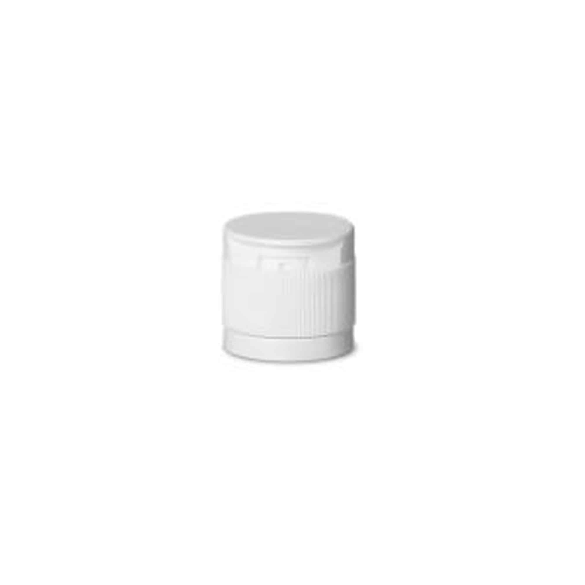 Screw cap with hinged flap, PP plastic, white, for opening: DIN 18