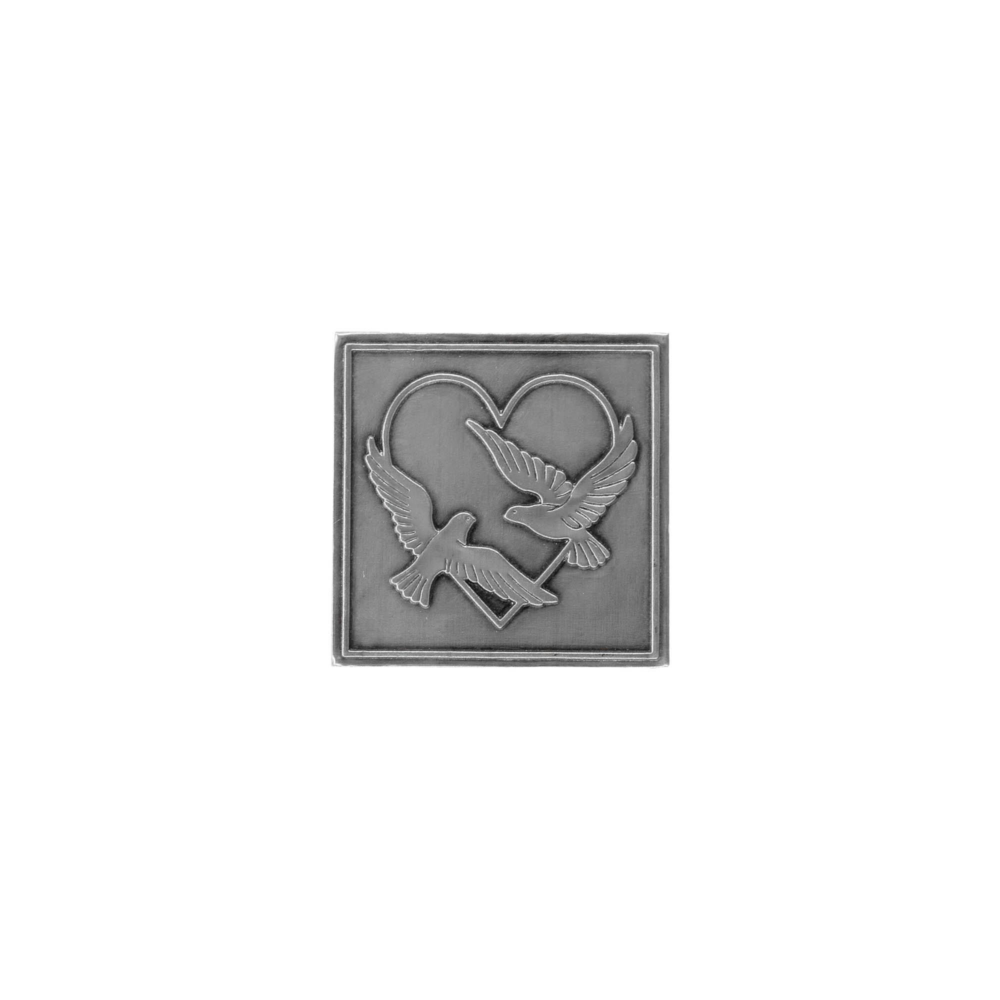 Tin label 'Wedding doves', square, metal, silver Tin label 'Wedding doves', square, metal, silver