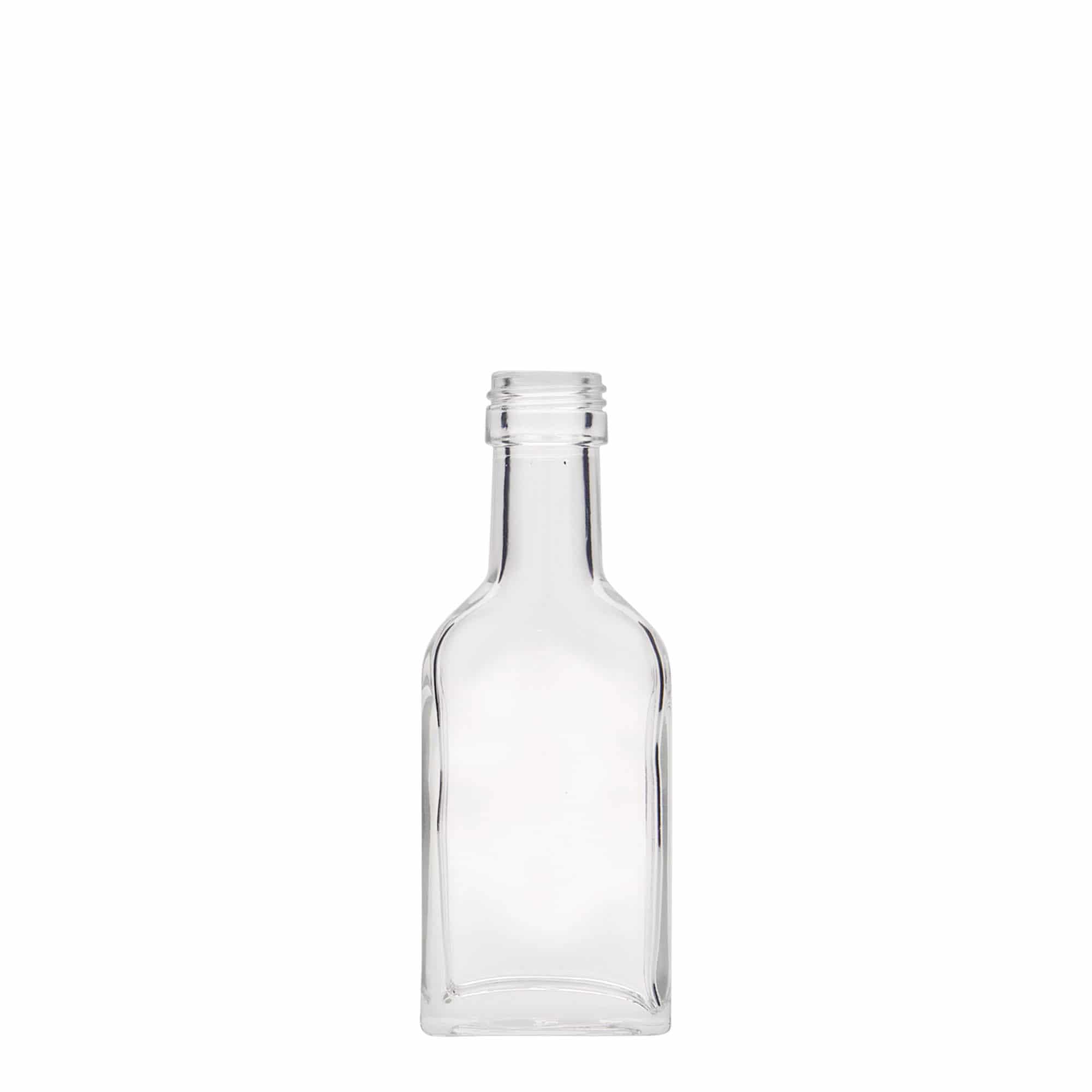 40 ml pocket bottle long neck, rectangular, glass, opening: PP 22