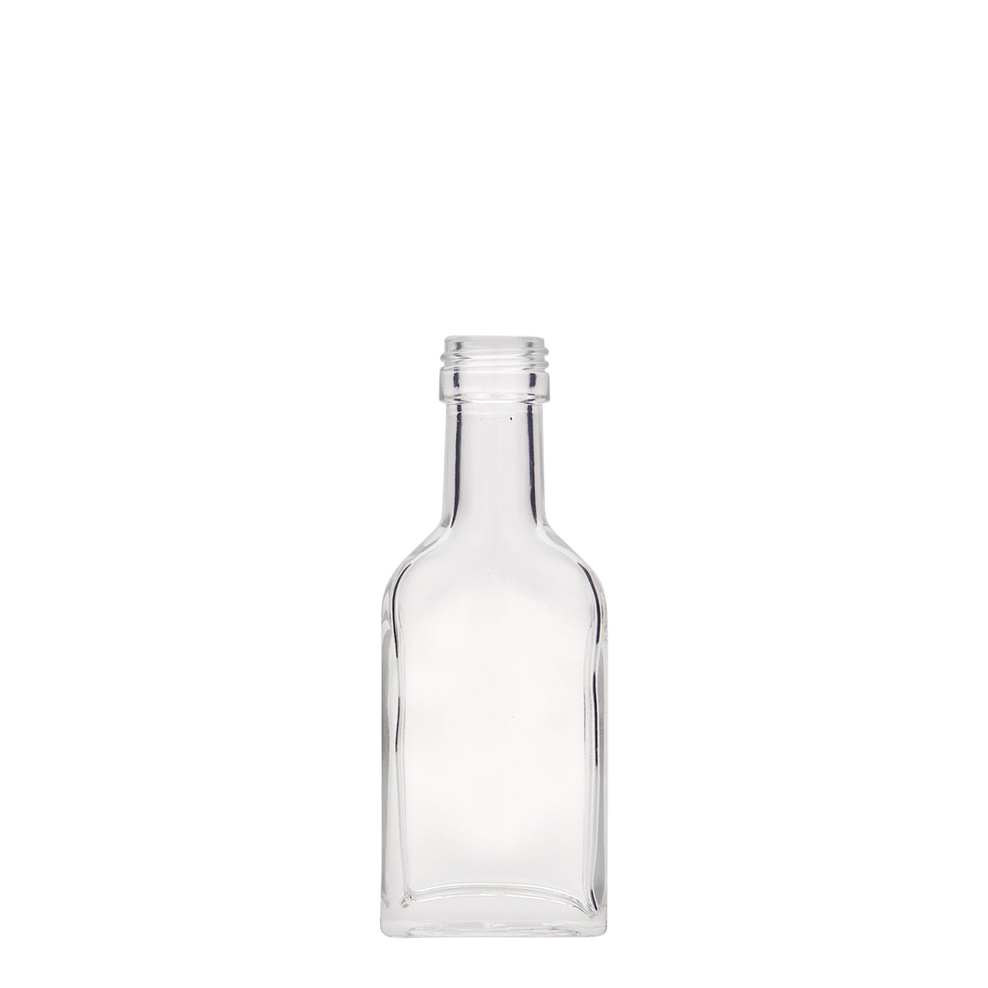 40 ml pocket bottle long neck, rectangular, glass, opening: PP 22