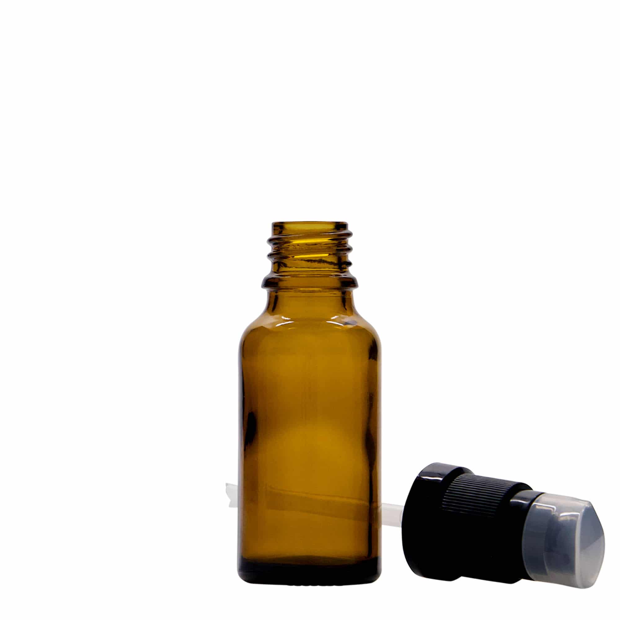 20 ml medicine bottle with lotion pump, glass, brown, opening: DIN 18