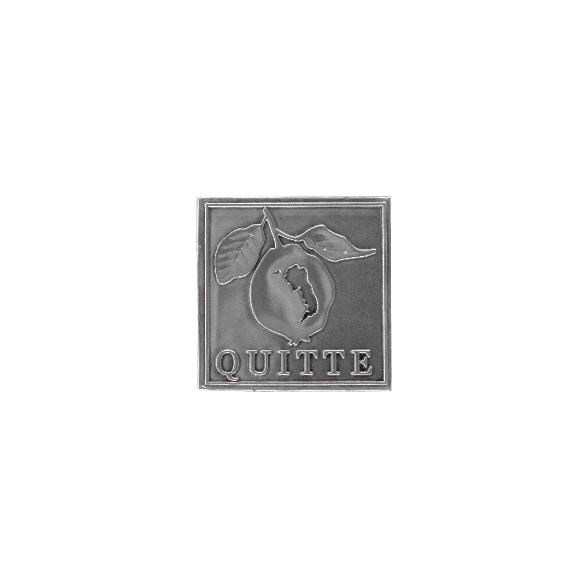 Tin label 'Quince', square, metal, silver Tin label 'Quince', square, metal, silver