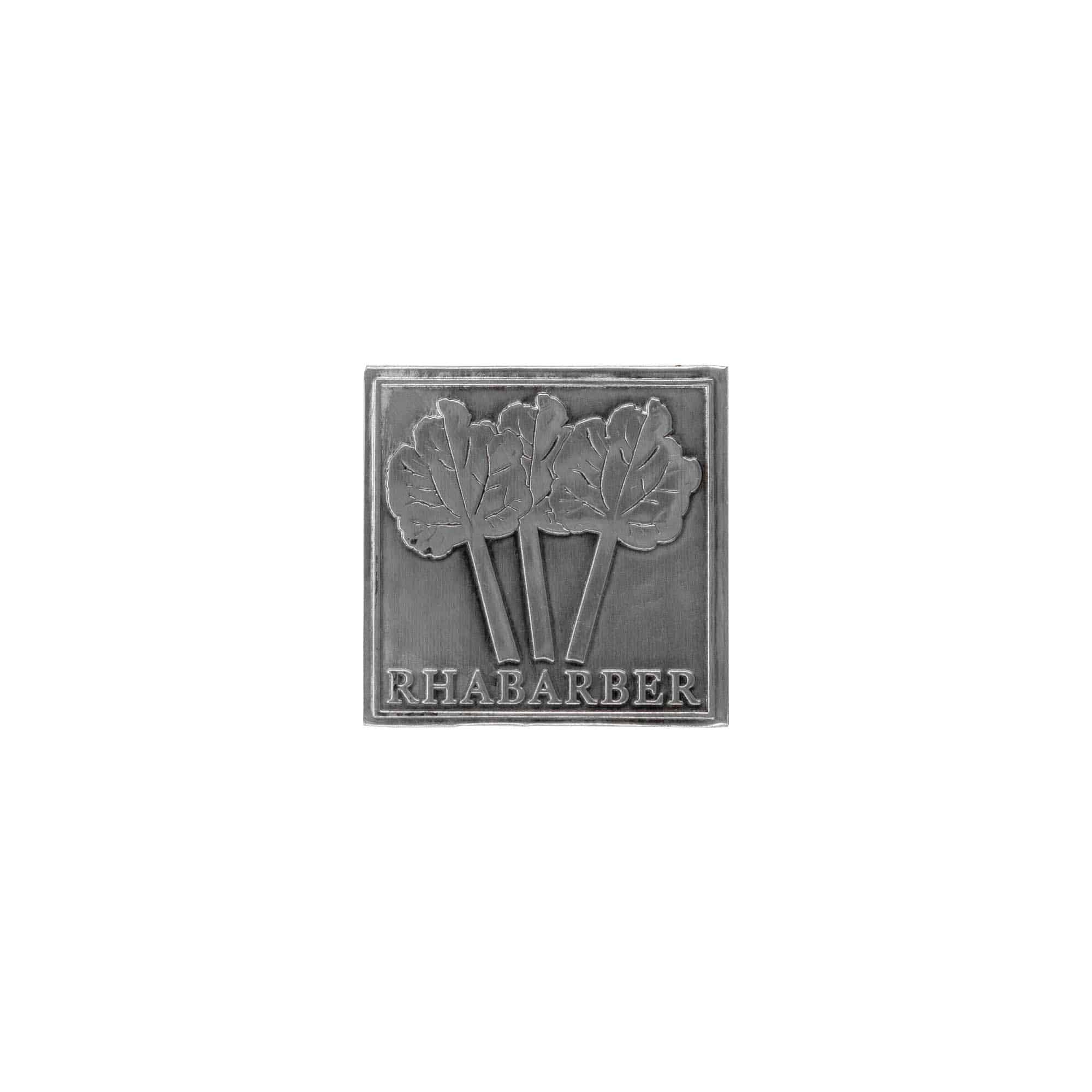 Tin label 'Rhubarb', square, metal, silver Tin label 'Rhubarb', square, metal, silver