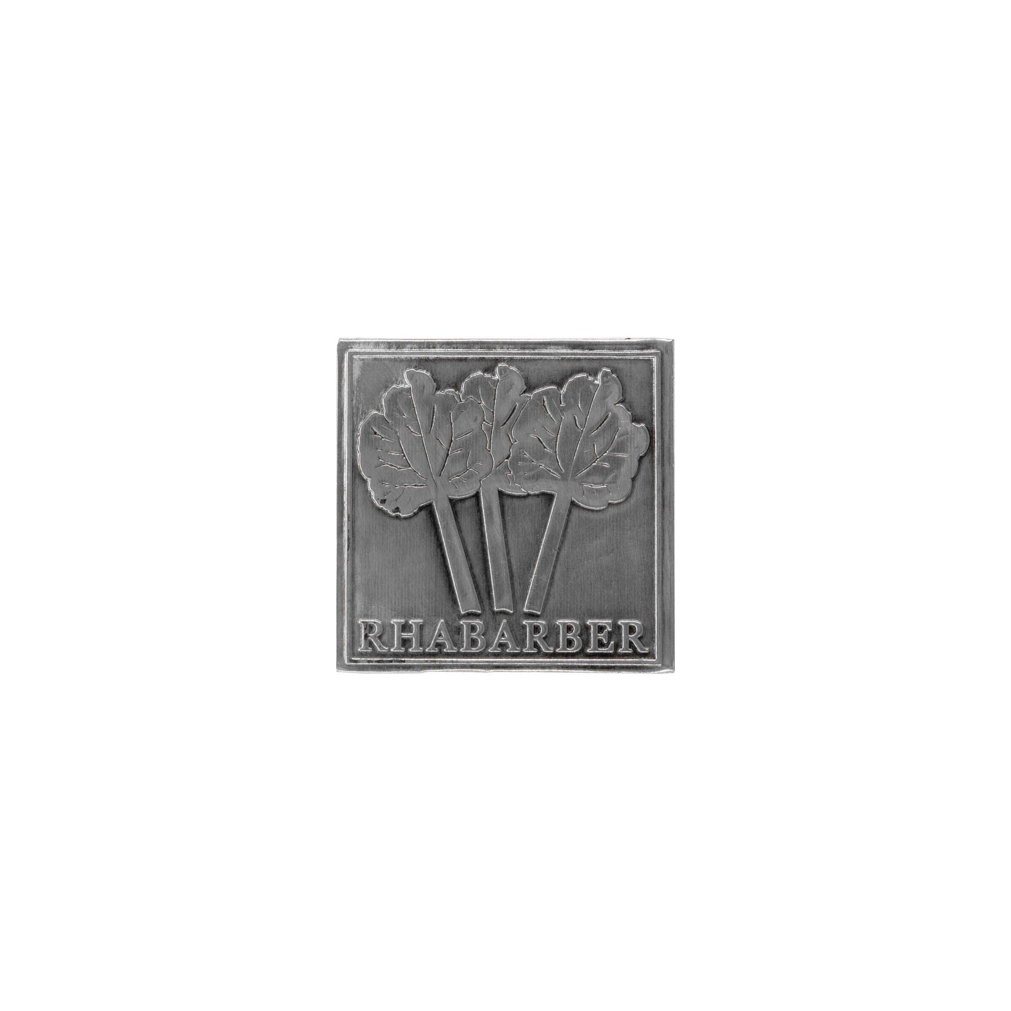 Tin label ‘Rhubarb’, square, metal, silver