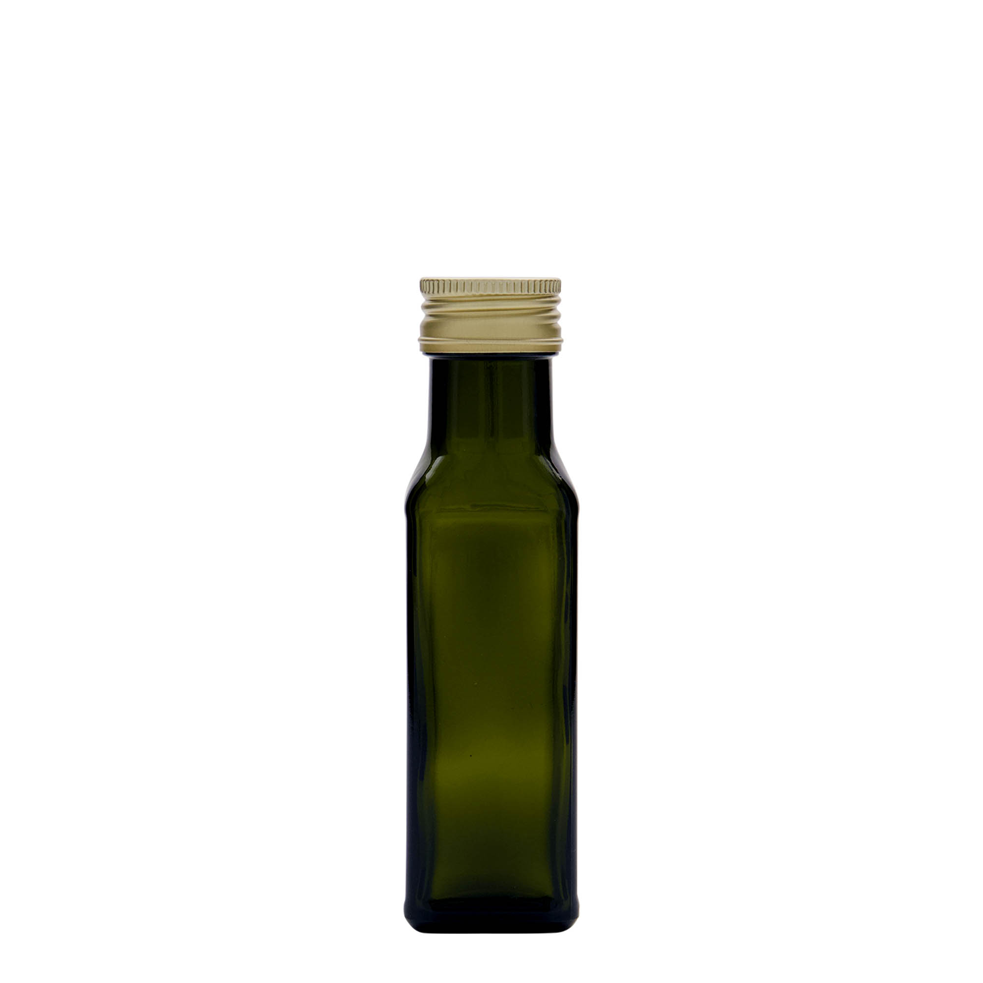 100 ml glass bottle 'Marasca', square, antique green, opening: PP 31.5 100 ml glass bottle 'Marasca', square, antique green, opening: PP 31.5