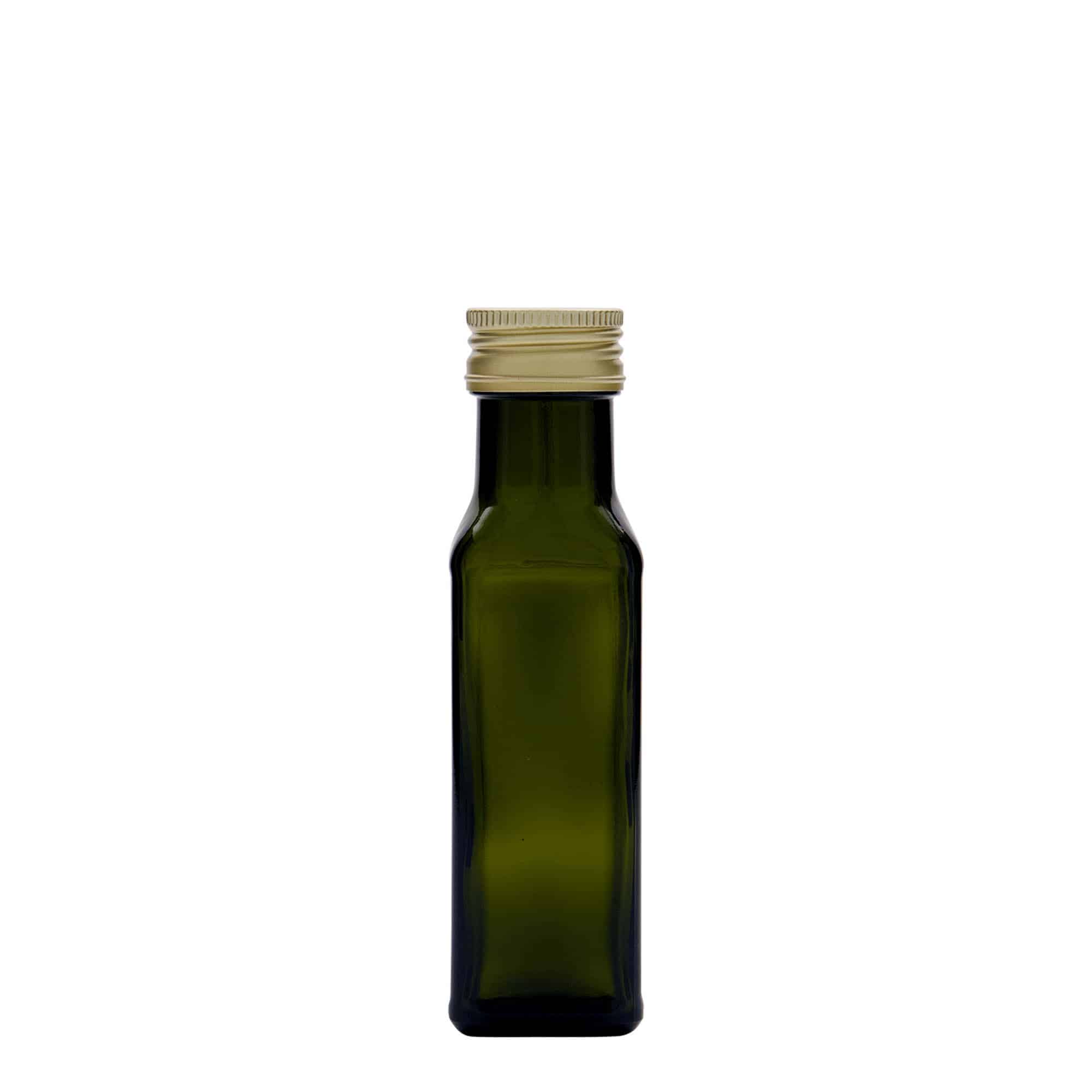 100 ml glass bottle 'Marasca', square, antique green, opening: PP 31.5