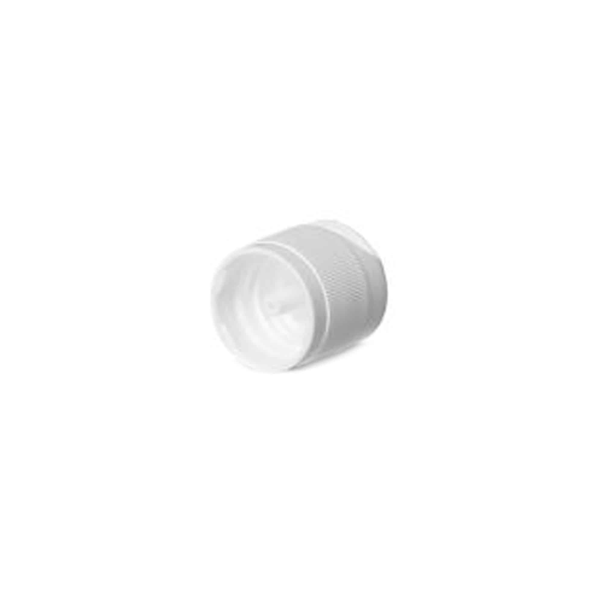 Screw cap with hinged flap, PP plastic, white, for opening: DIN 18