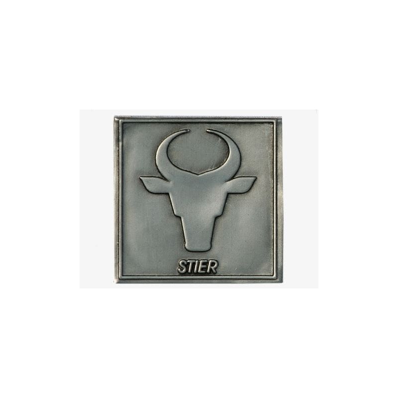 Tin label 'Bull', square, metal, silver