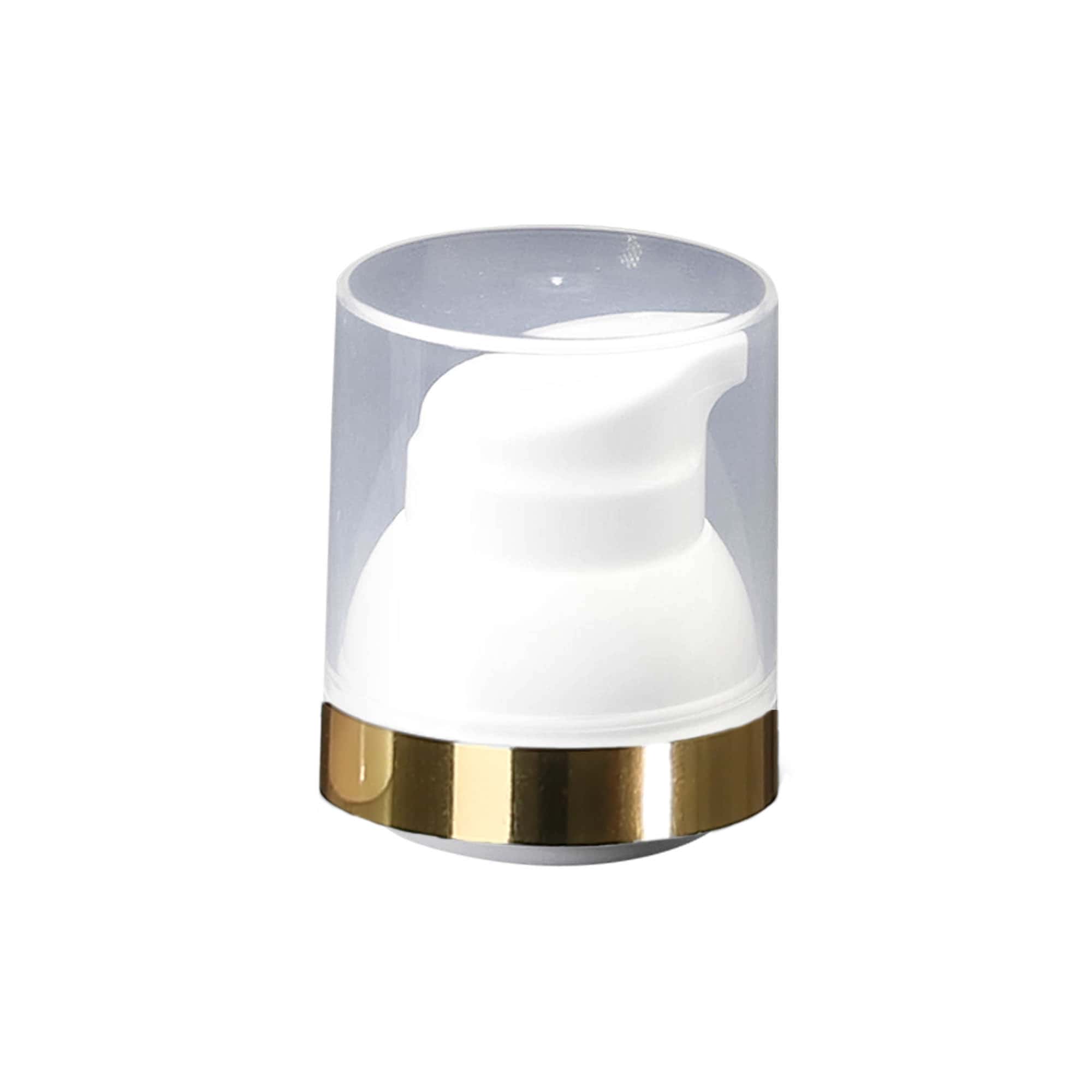 Airless dispenser pump head "Mezzo", type D, white PP plastic with gold rim and clear cap