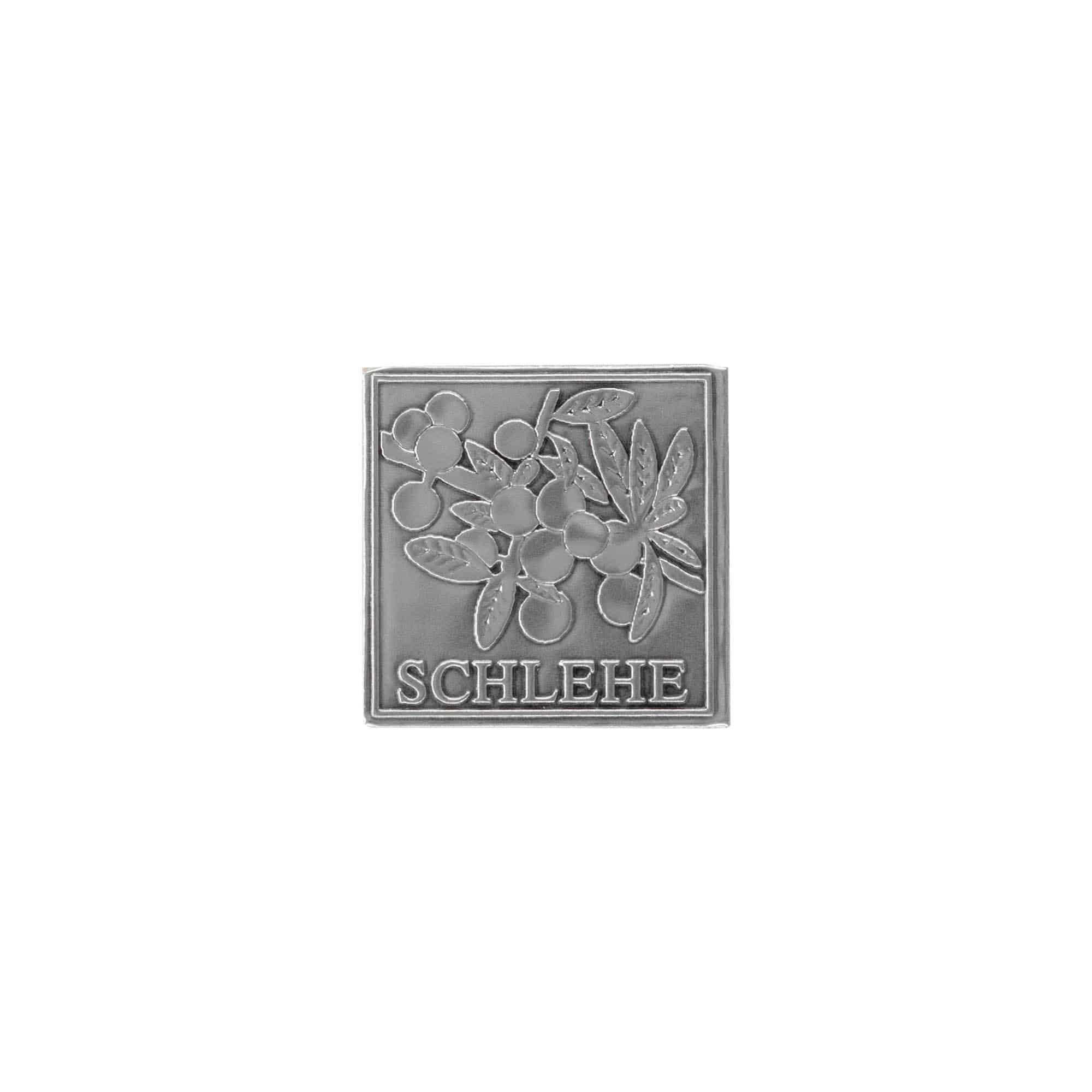 Tin label ‘Sloe’, square, metal, silver