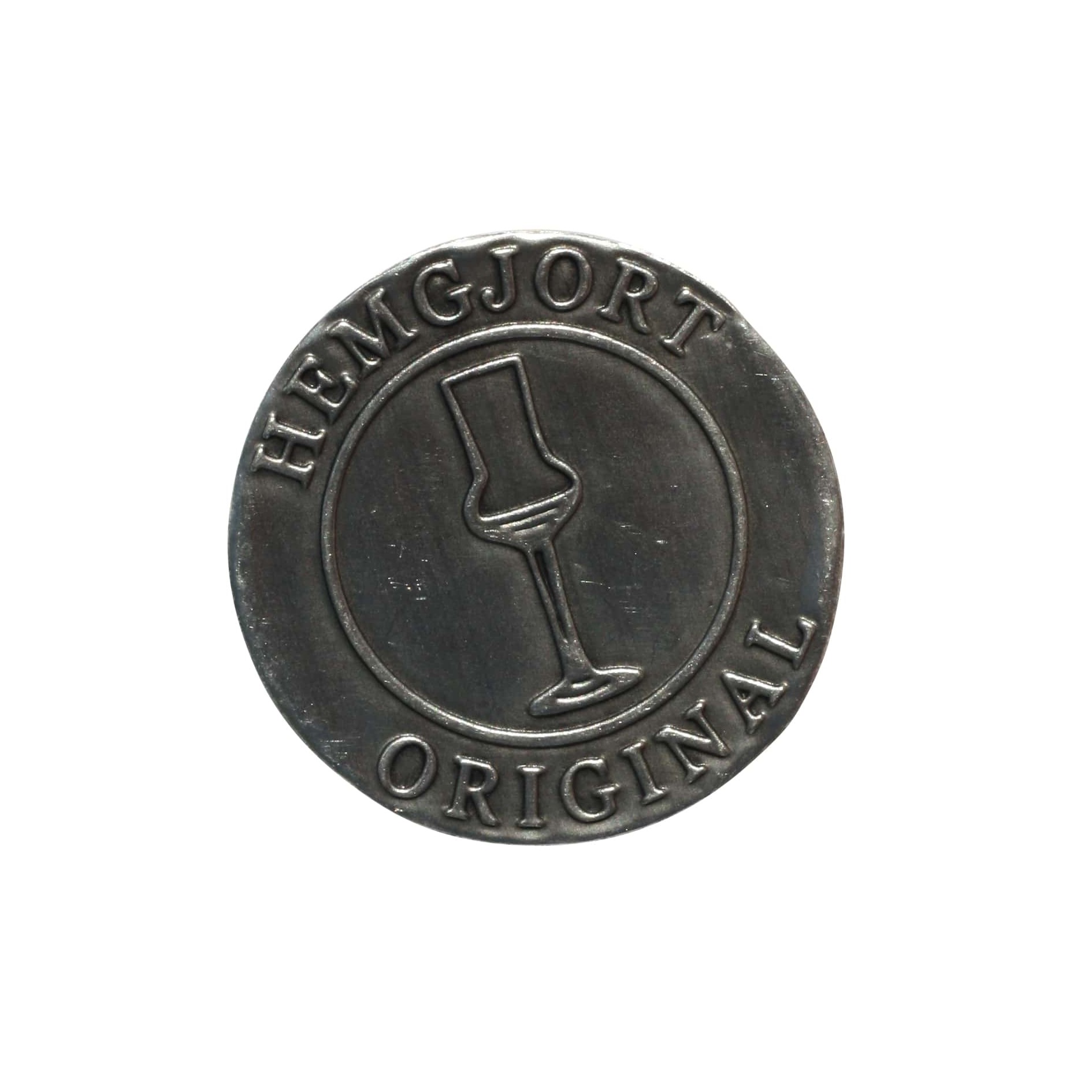 Tin label 'Hemgjort Original', round, metal, silver Tin label 'Hemgjort Original', round, metal, silver