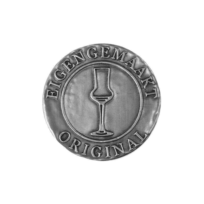 Tin label 'Eigengemaakt', round, metal, silver Tin label 'Eigengemaakt', round, metal, silver