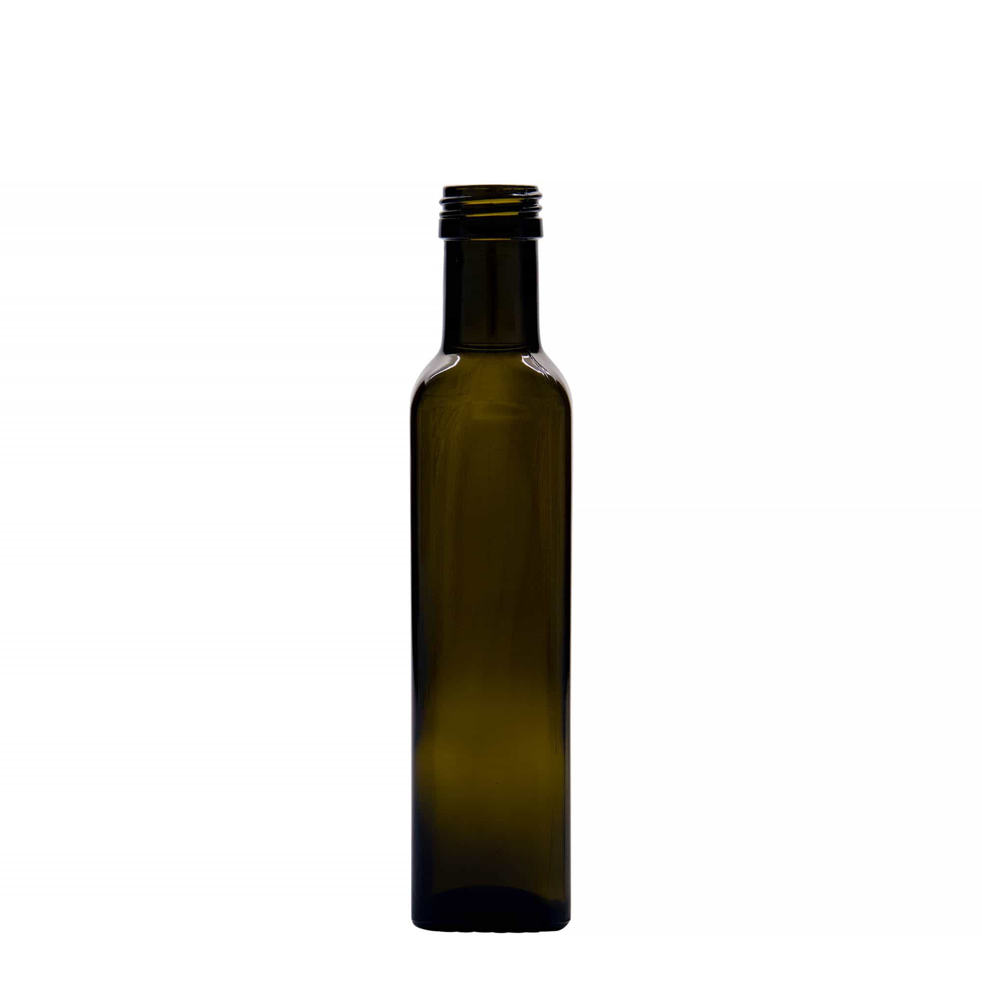 250 ml glass bottle 'Marasca', square, antique green, opening: PP 31.5