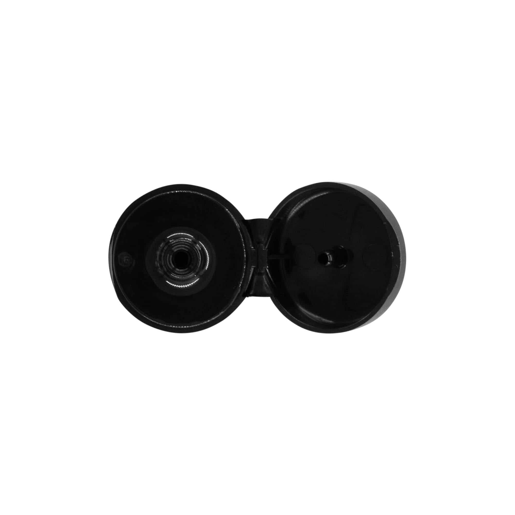 Screw cap with hinged flap, PP plastic, black, for opening: 20/410