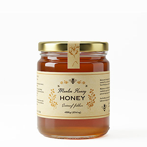 honey jar Product example: filled honey jar with label design