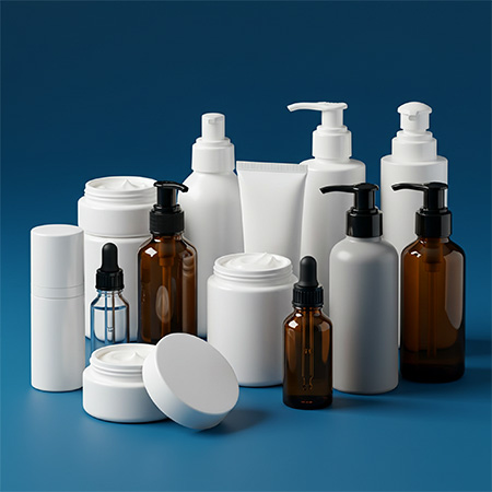 Cosmetics Mood picture: Group of filled cosmetic containers such as dispenser bottles, jars and pipette bottles against a blue background