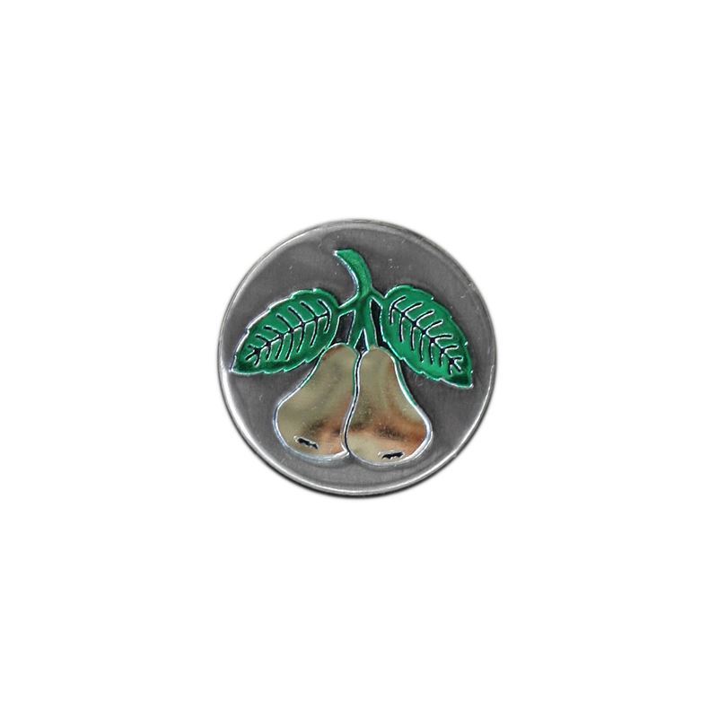 Tin label 'Pear', round, metal, silver Tin label 'Pear', round, metal, silver