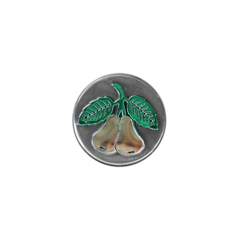 Tin label ‘Pear’, round, metal, silver