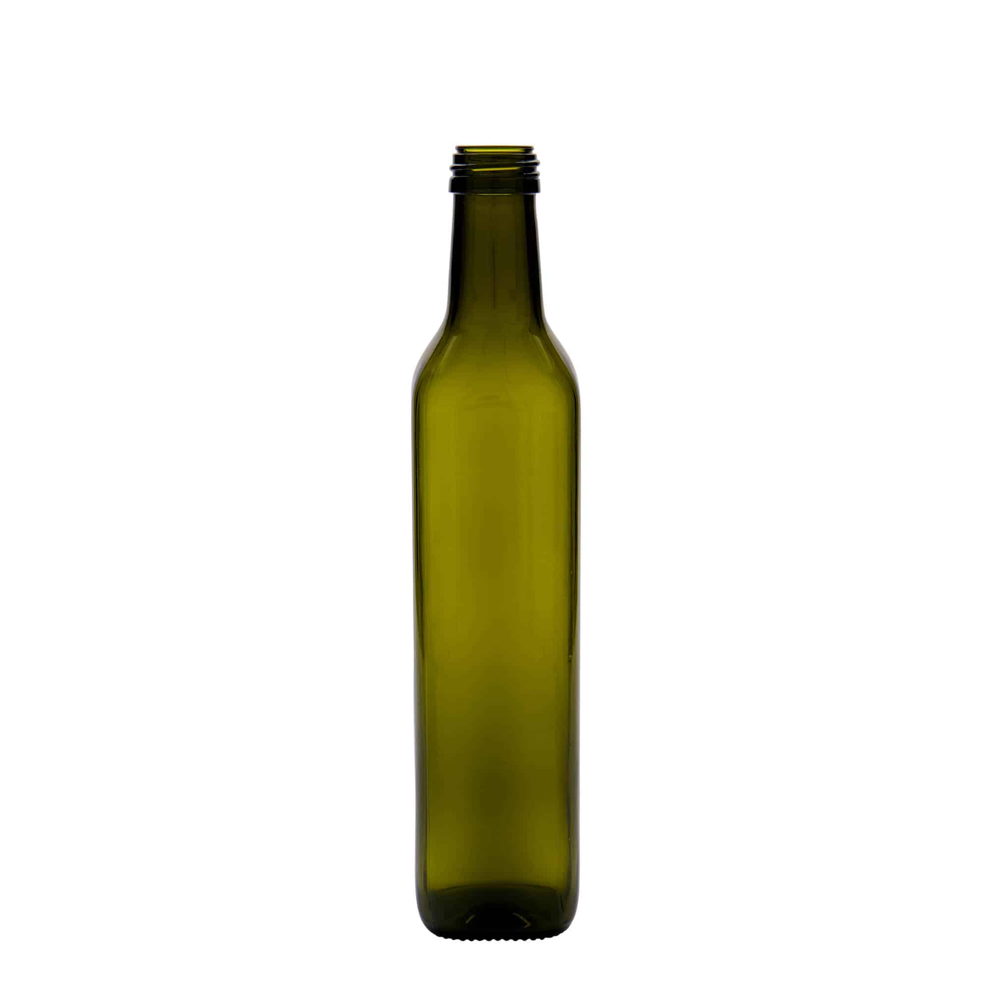 500 ml glass bottle ‘Marasca’, square, antique green, opening: PP 31.5