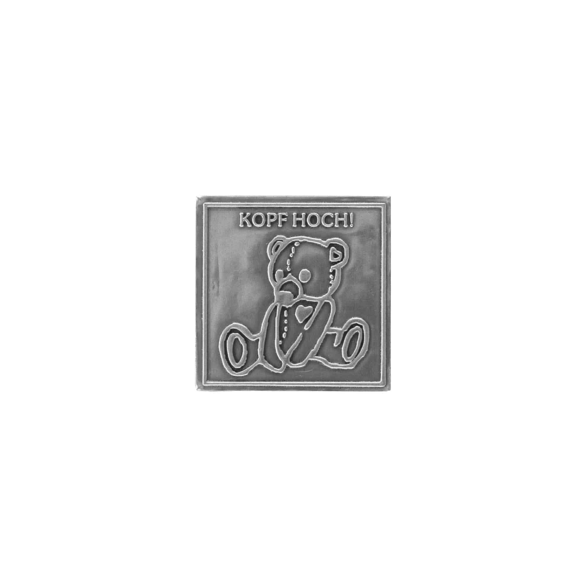 Tin label 'Chin Up', square, metal, silver