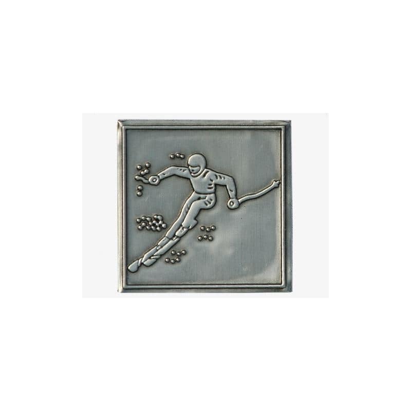 Pewter tag 'Downhill', square, metal, silver
