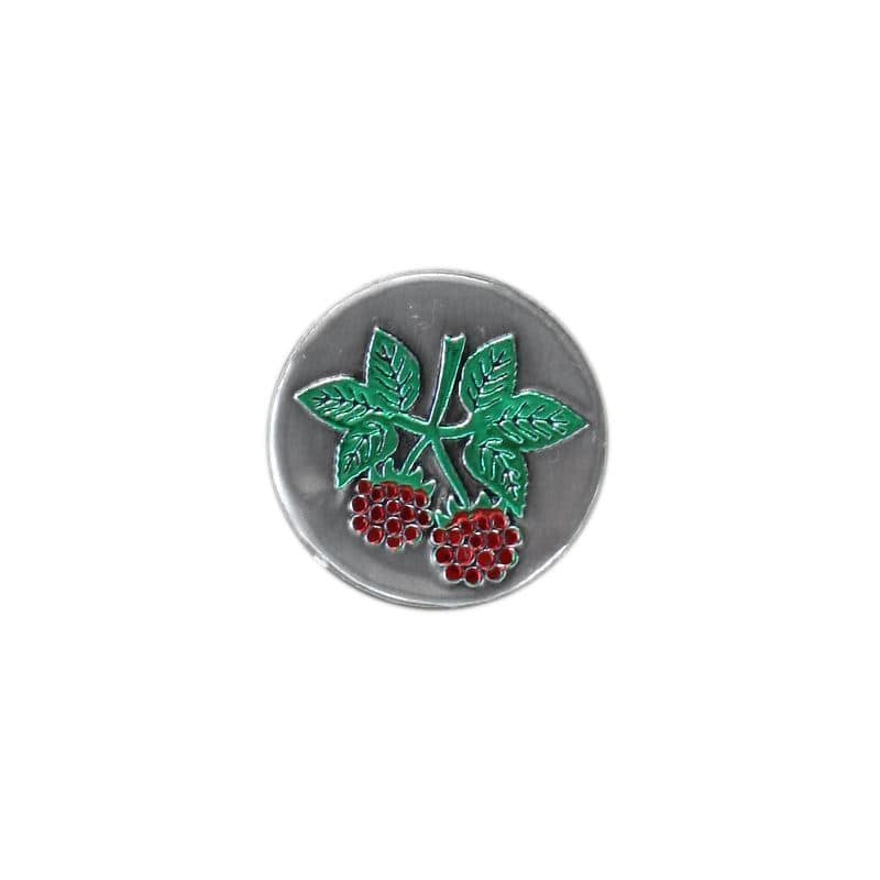 Tin label ‘Raspberry’, round, metal, silver