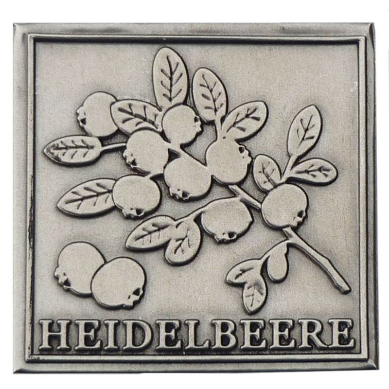 Tin label 'Blueberry', square, metal, silver