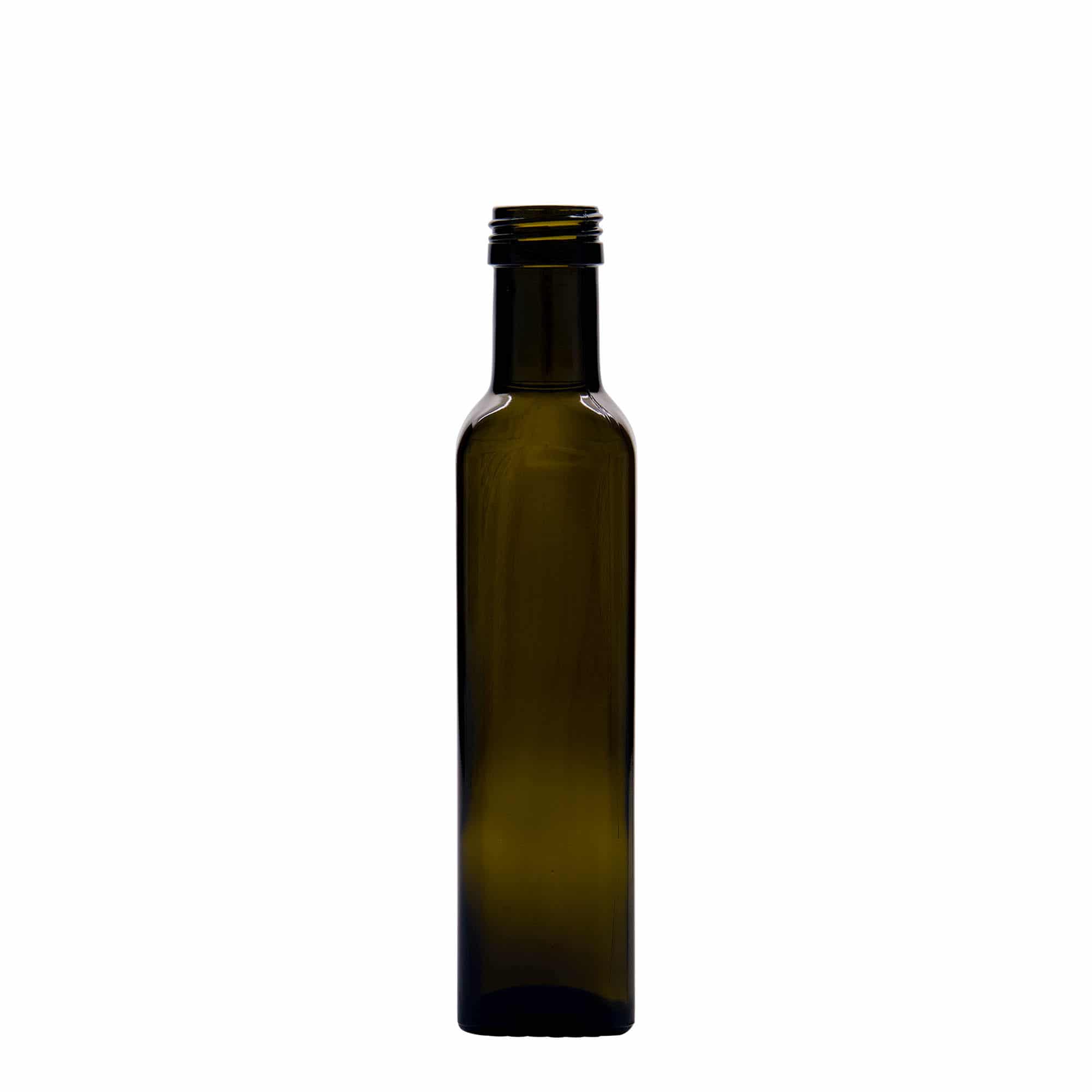 250 ml glass bottle 'Marasca', square, antique green, closure: PP 31.5