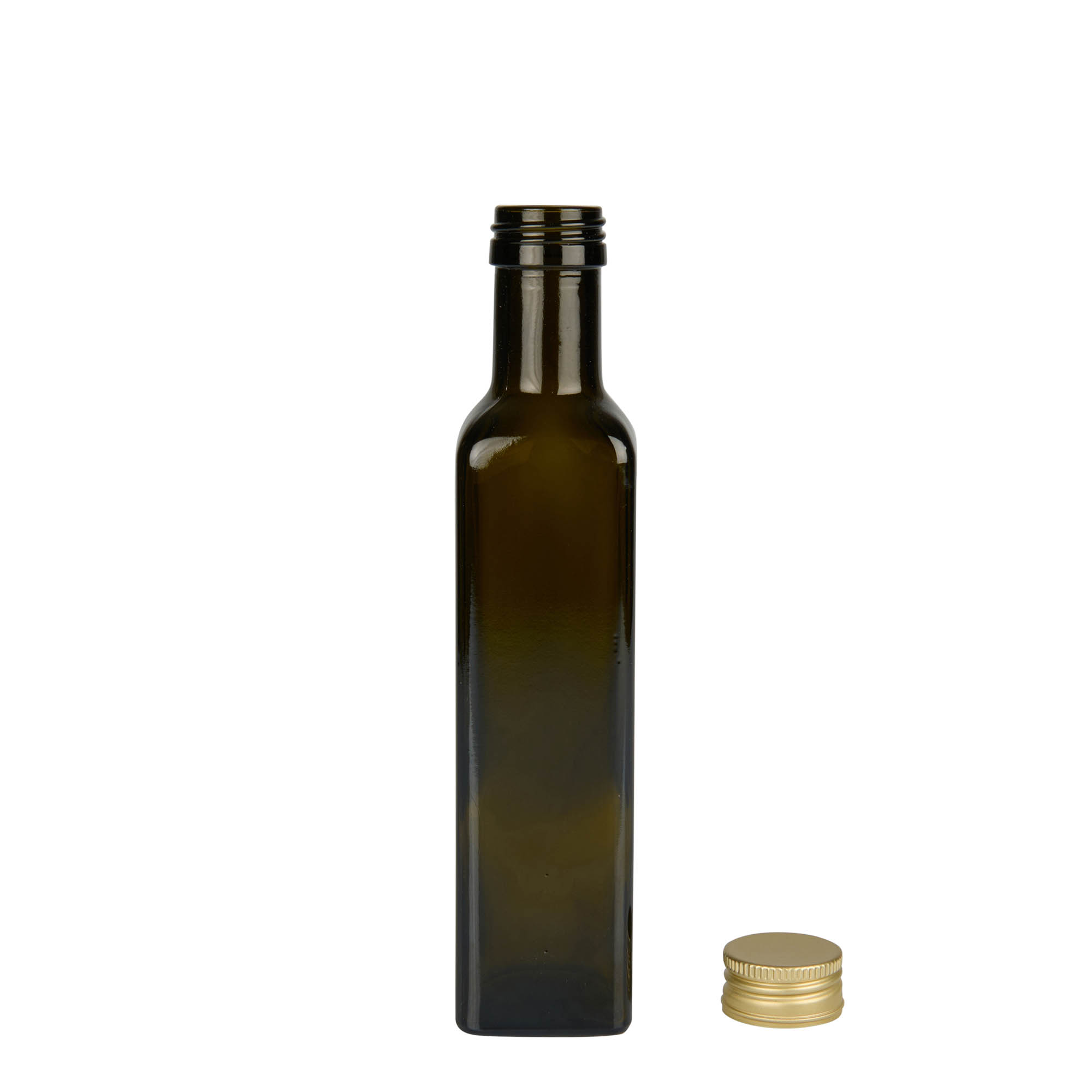 250 ml glass bottle ‘Marasca’, square, antique green, opening: PP 31.5