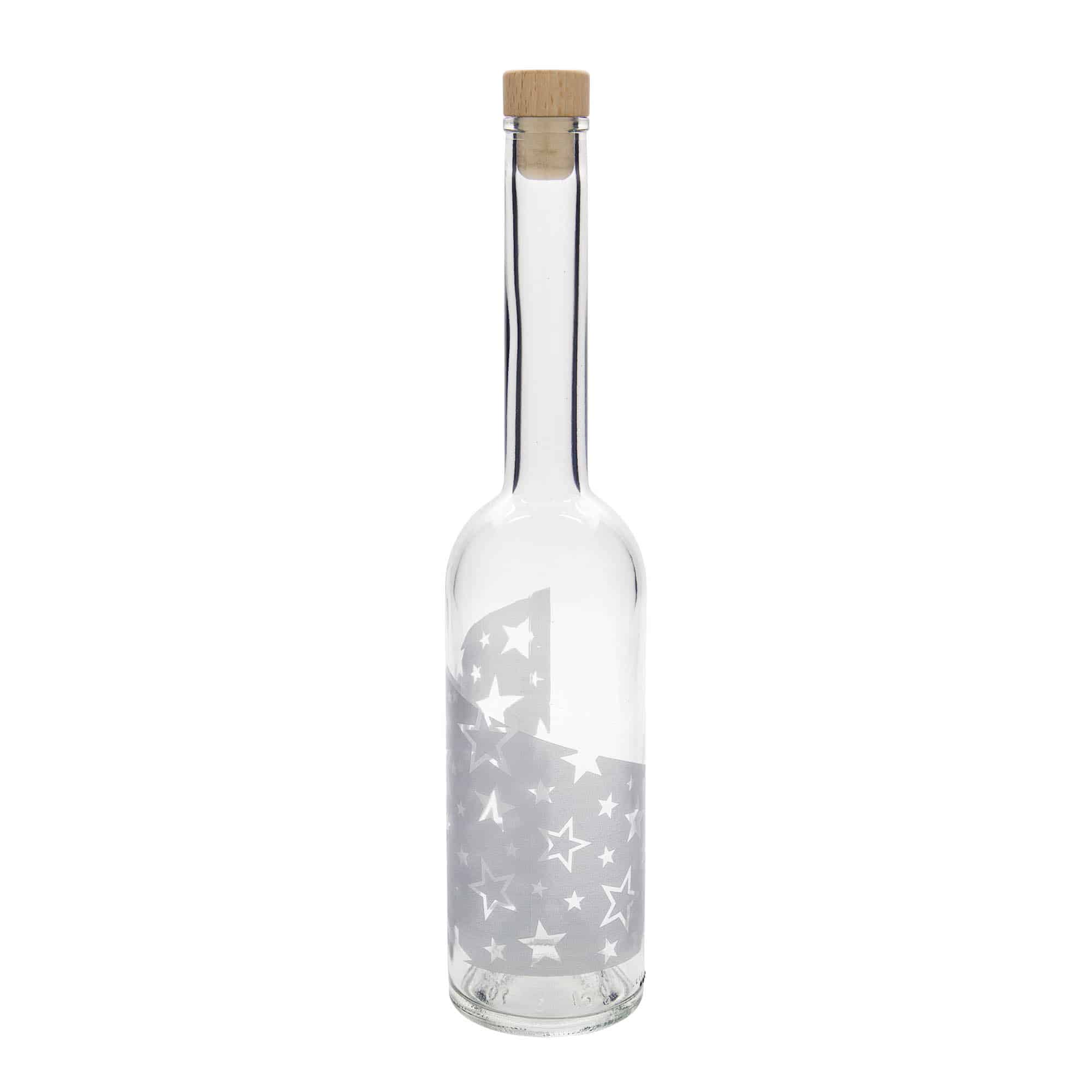 500 ml glass bottle ‘Opera’, design: silver stars, opening: cork