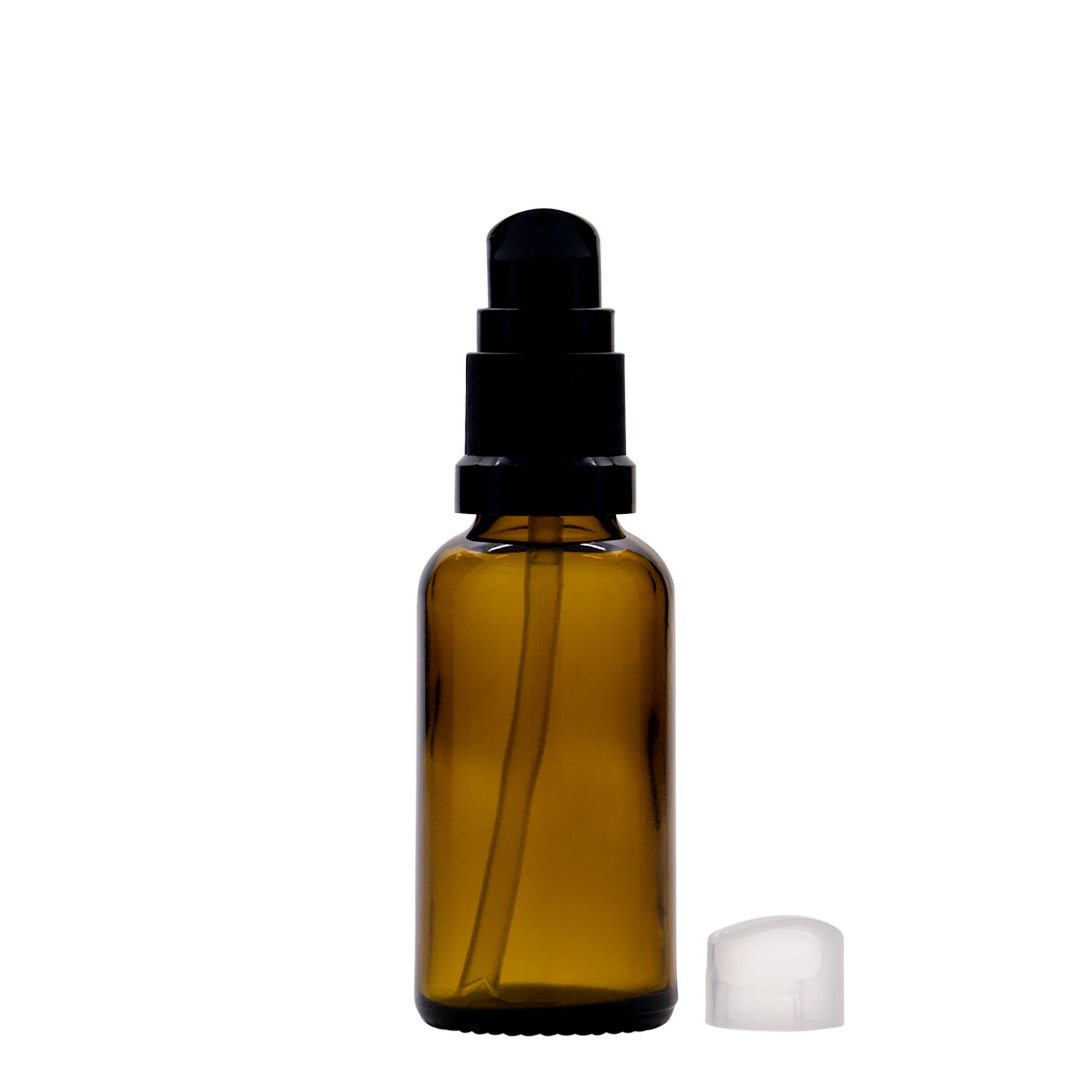 30 ml medical bottle with lotion pump, glass, brown, opening: DIN 18 30 ml medical bottle with lotion pump, glass, brown, opening: DIN 18