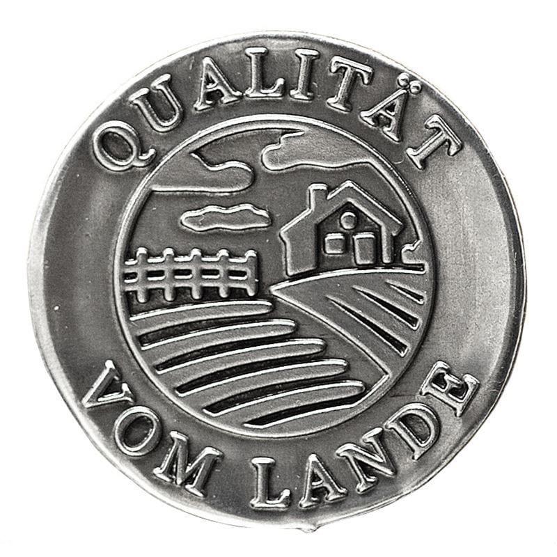 Tin label 'Quality from the Countryside', round, metal, silver Tin label 'Quality from the Countryside', round, metal, silver